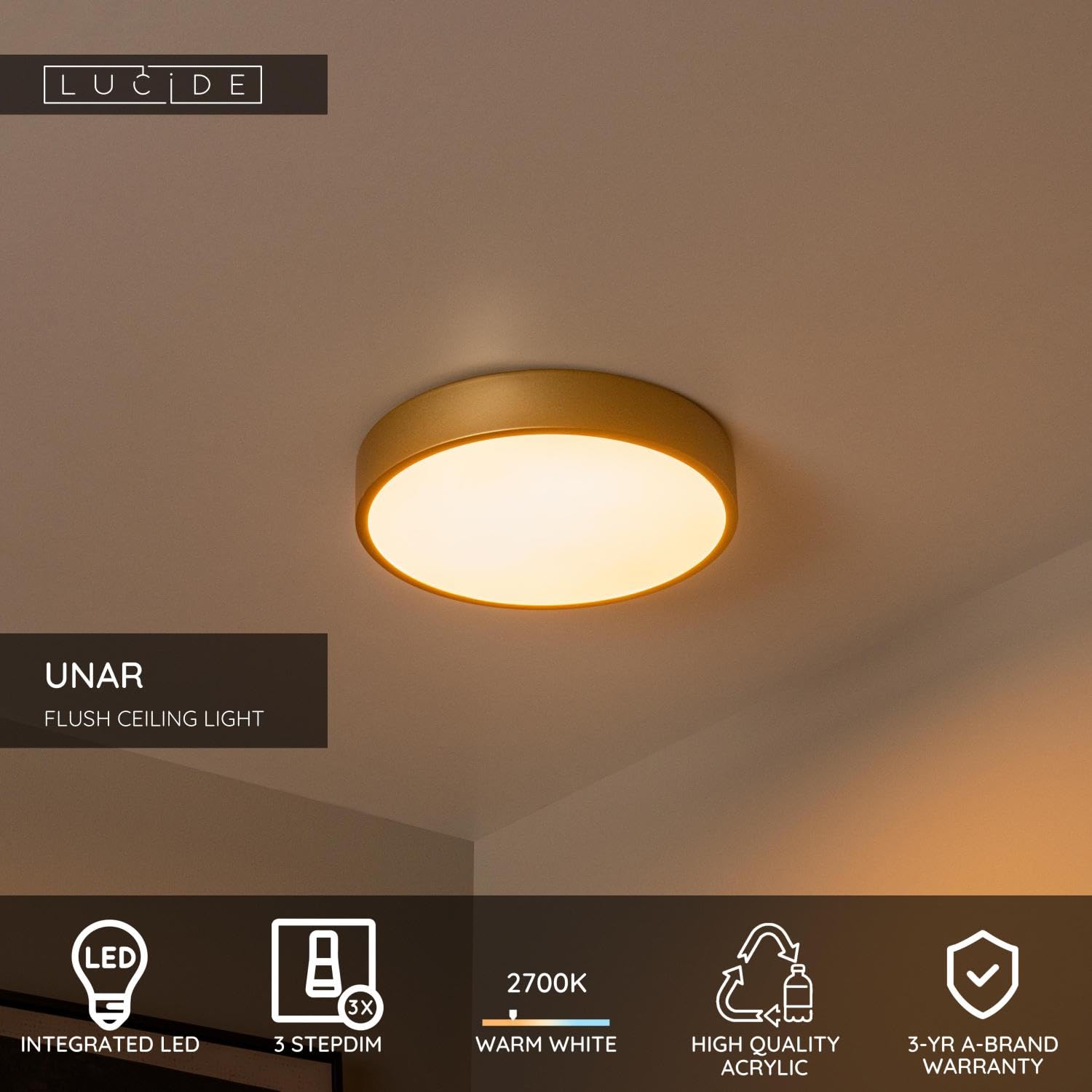 LUCIDE UNAR - Deckenleuchte - Ø 30 cm - LED 3 StepDim - 1x18W 2700K - Mattes Gold/Messing