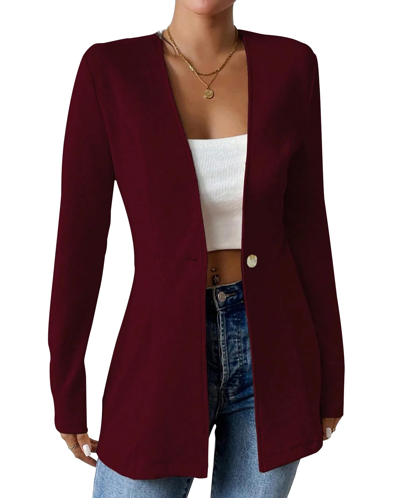 MINTLIMIT Womens Blazer Casual Long Sleeve Button Front Cardigan Collarless Knit Blazers Business Work Suit Jacket