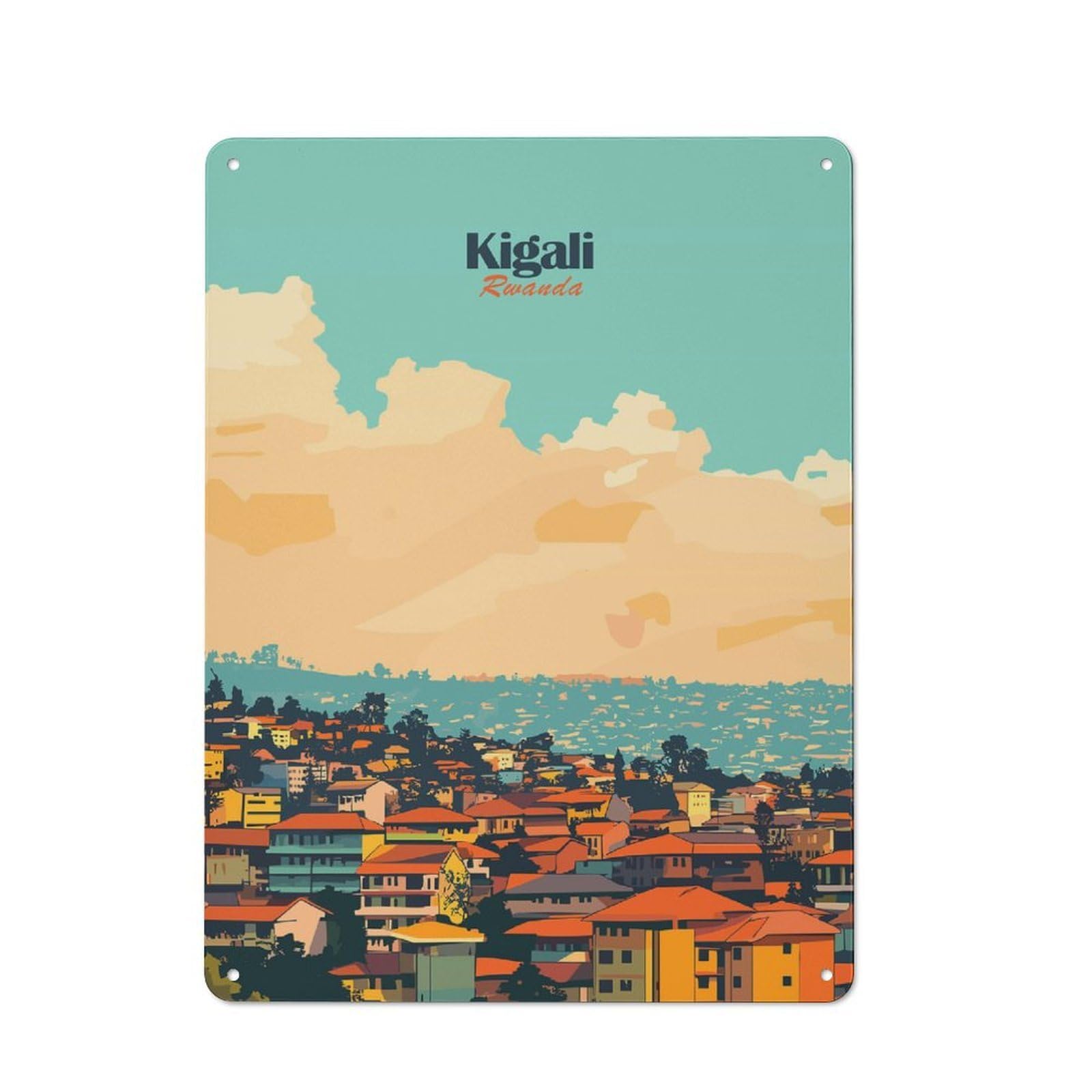 Industrial Metal Sign with Kigali Cityscape Design 40x30cm, Modern Retro Loft Wall Plaque for Workspace, Cafe, Hallway Or Garage