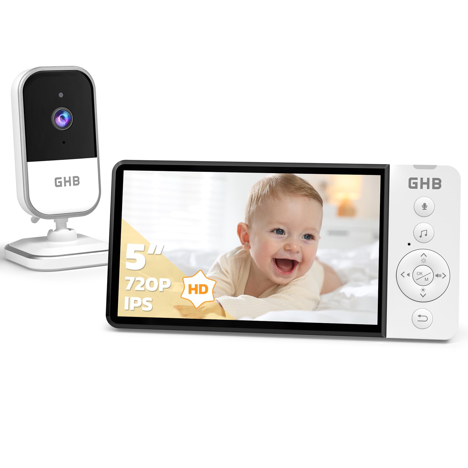 GHB Baby Monitor Video e Audio 5" 720P HD 5000mAh IPS Schermo, Telecamera Bambini con Monitor VOX Visione Notturna Rilevamento della Temperatura