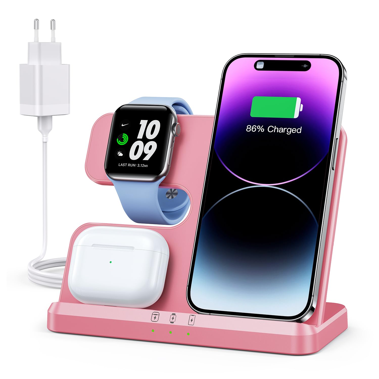 JARGOU Caricatore Wireless 3 in 1 Compatibile con iPhone 15 14 13 12 11 Pro Max/Mini/XR/8, Stazione di Ricarica Wireless per Apple Watch 9/Ultra 2/SE/8/7/6/5/4, Wireless Charger per Air-Pods Pro/3/2