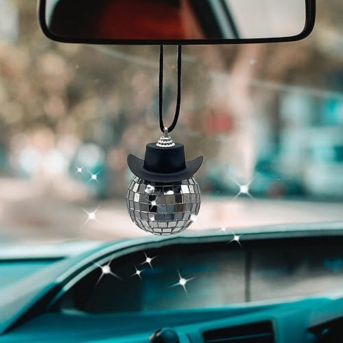 Accesorio de Coche con Bola de Discoteca y Sombrero de Vaquero Negro, Adorno de Espejo, Accesorios Interiores