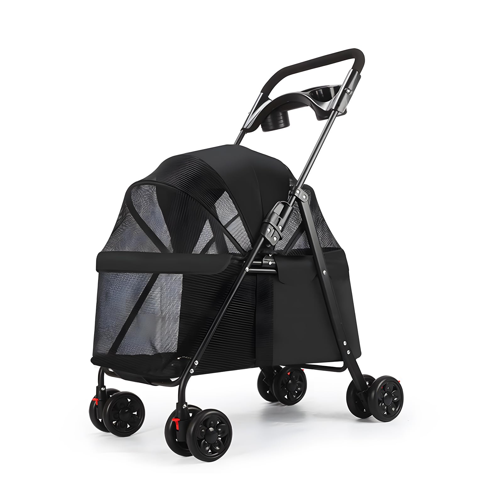 Pet Stroller, Foldable Dog Stroller for Small Medium Dogs and Cats, with Rear Wheel Brake & 360° Wheels, Large Storage Basket, Breathable Mesh, Cup Holder, for Travel and Daily Use (Black)