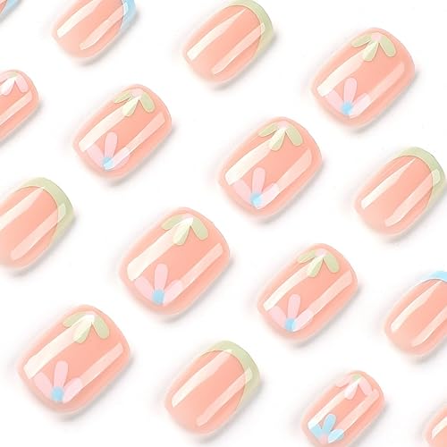 Miniatura 2 de Uñas postizas a presión de punta francesa, uñas postizas cortas cuadradas francesas, uñas postizas acrílicas con diseño floral, uñas adhesivas