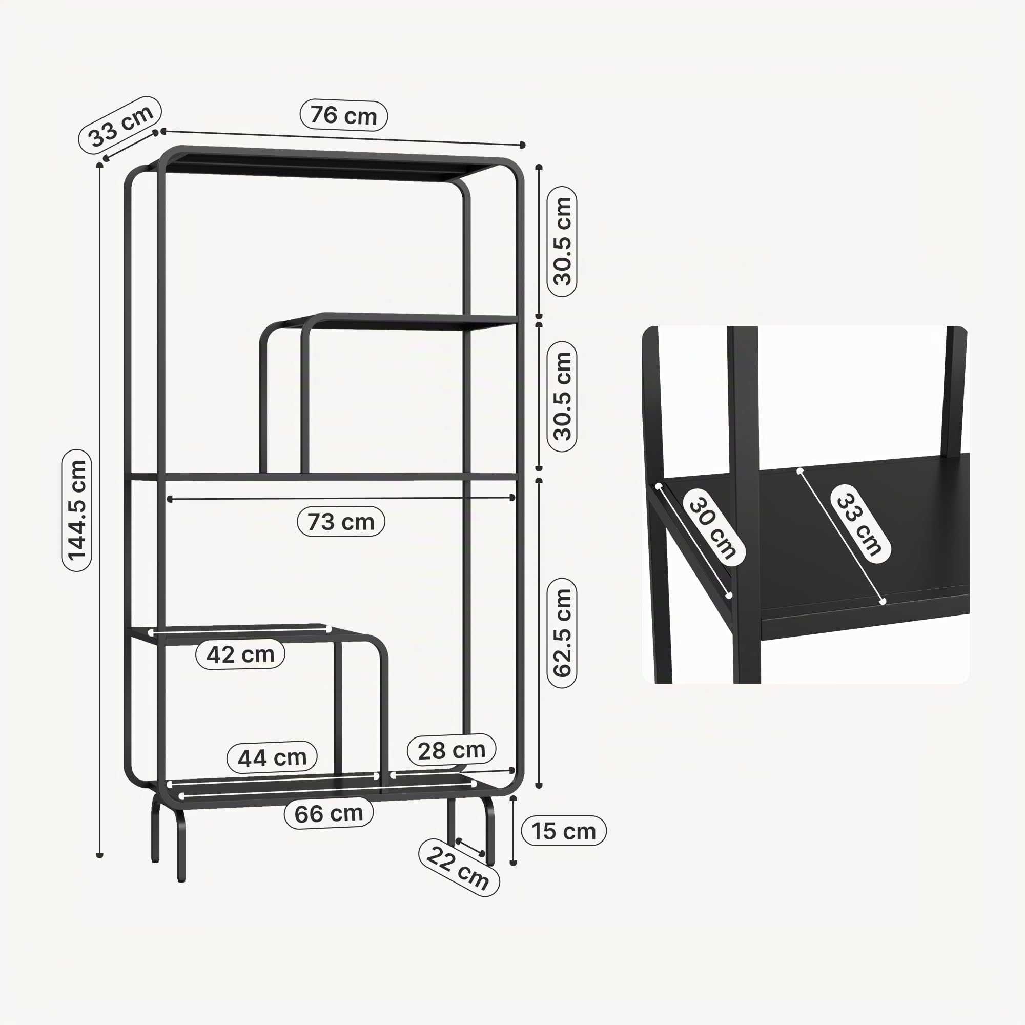 [en.casa] Regal Færder Bücherregal Industrial Standregal hoch Metall 145 x 76 x 33 cm Wohnzimmerregal multifunktional offenes Regal Ablagen modern Schwarz