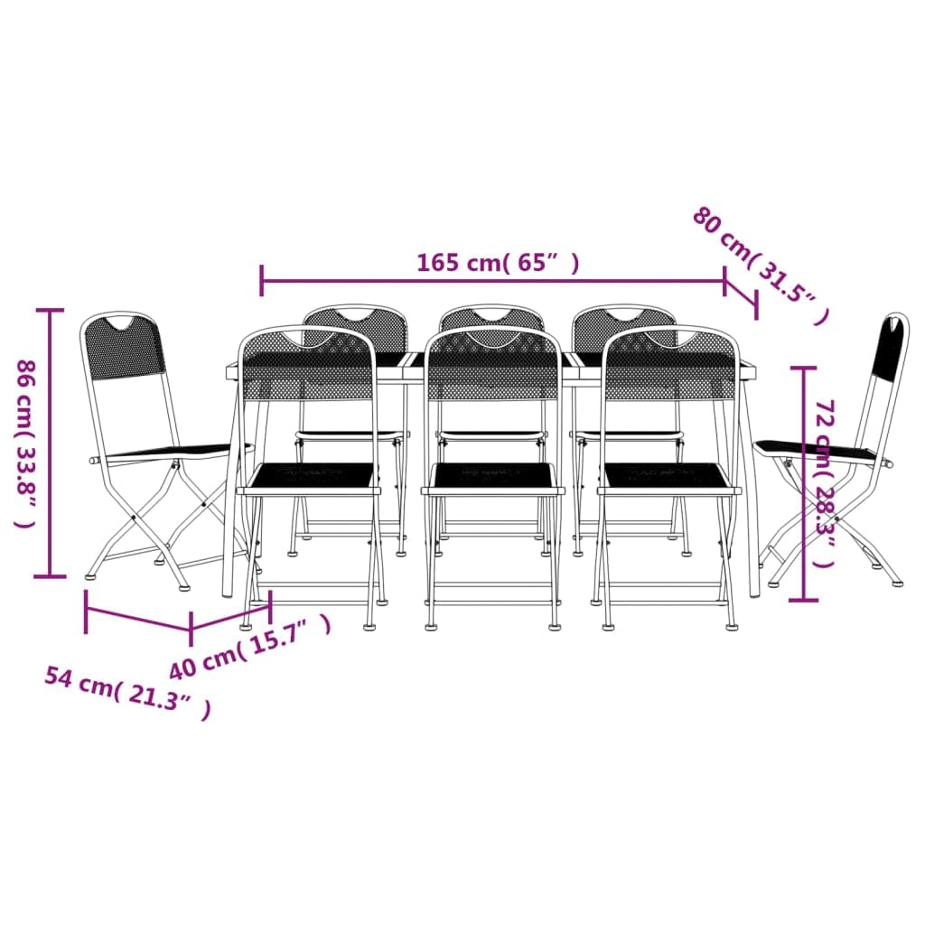 Set di 9 mobili da giardino antracite, 165 cm, tavolo in metallo, griglia estensibile, pieghevole, per terrazza, giardino, balcone, design salvaspazio
