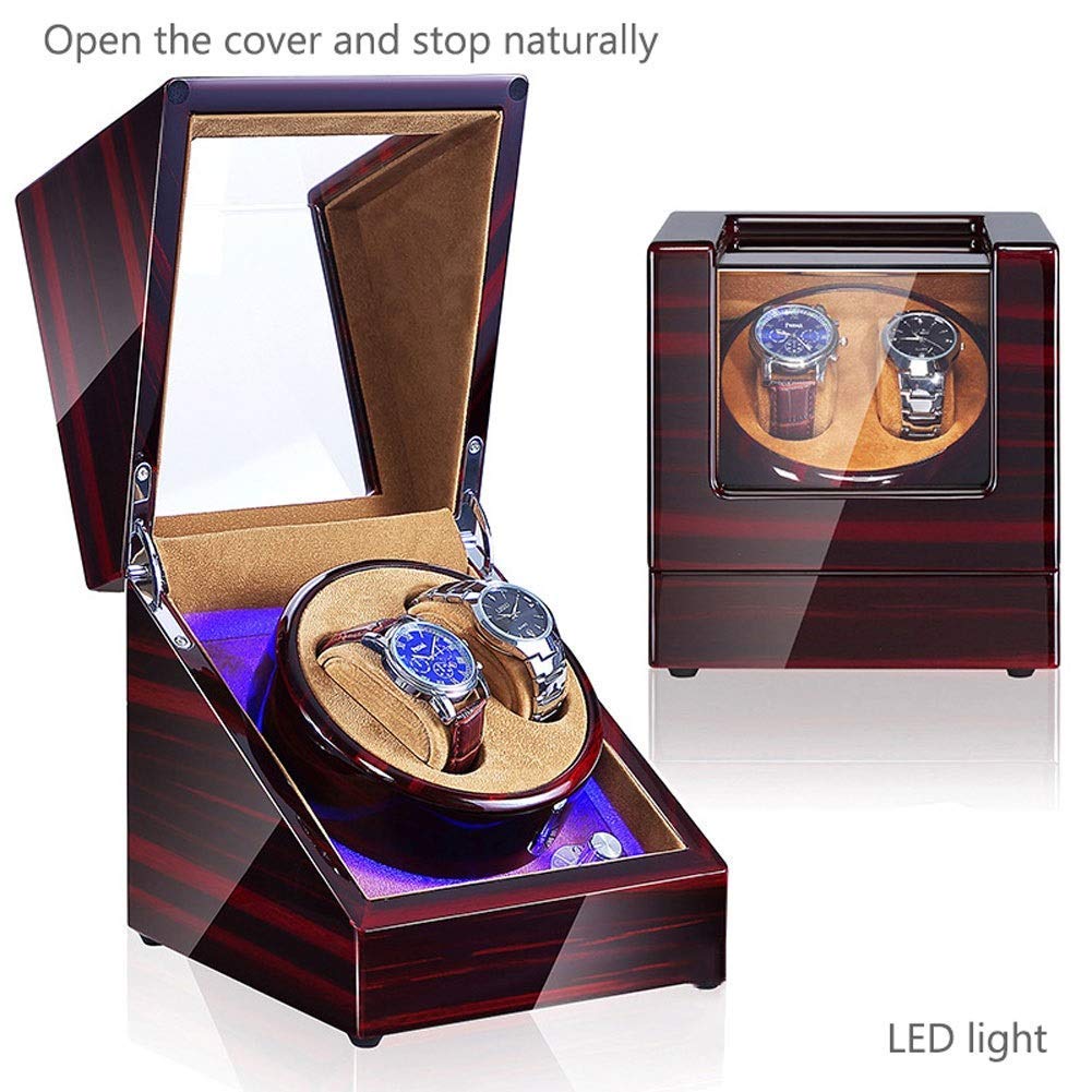 Watch Double Automatic Watch Winder Box LED Switch 5-Speed Adjustment Mode Wooden Luxury Storage Case for 2 Wrist Watches (C)