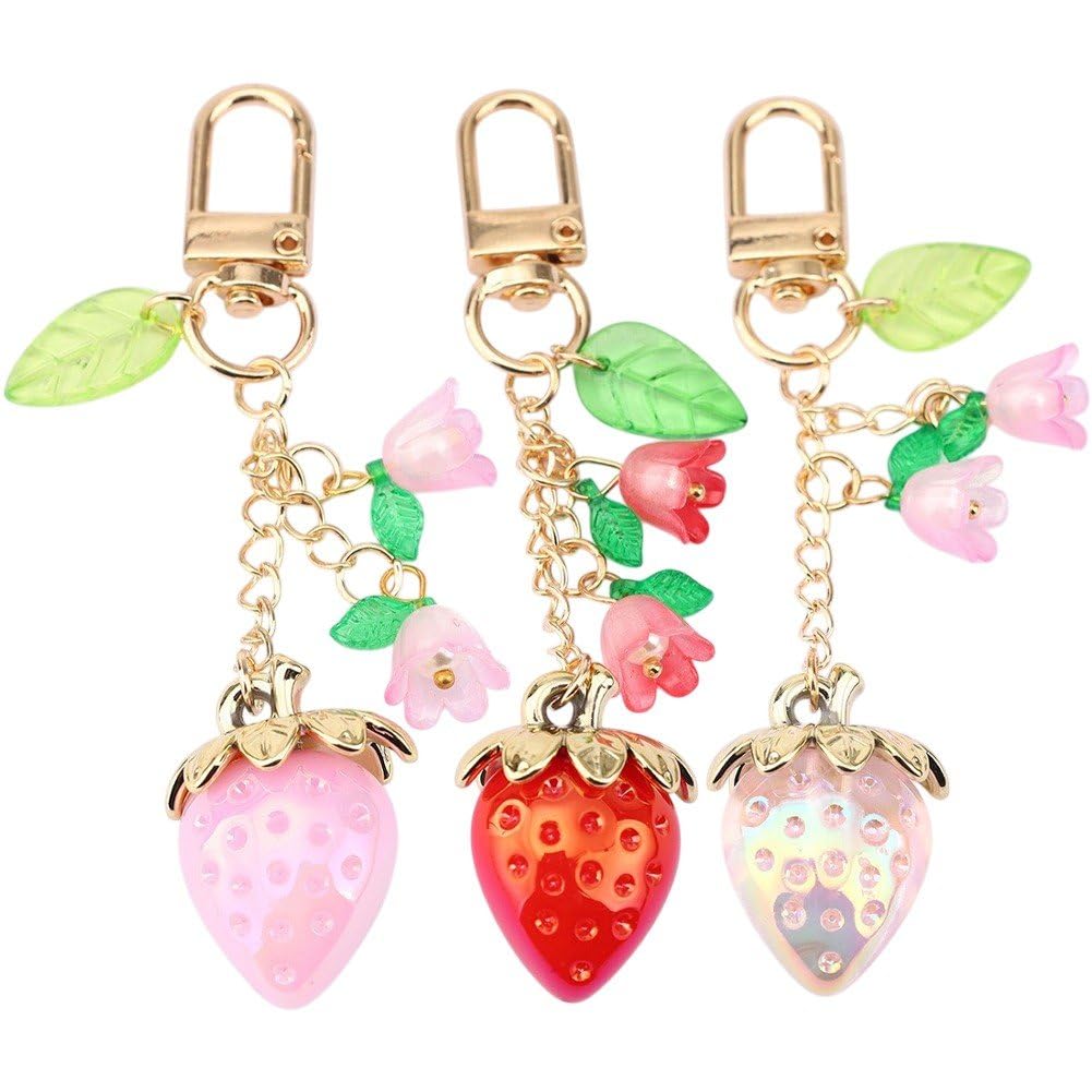 Ppmter 3 Pcs Strawberry Keychain, Cute Strawberry Keyrings Bag Charms Flower Car Key Ring Purse Charms Accessories for Handbags Bag Decor
