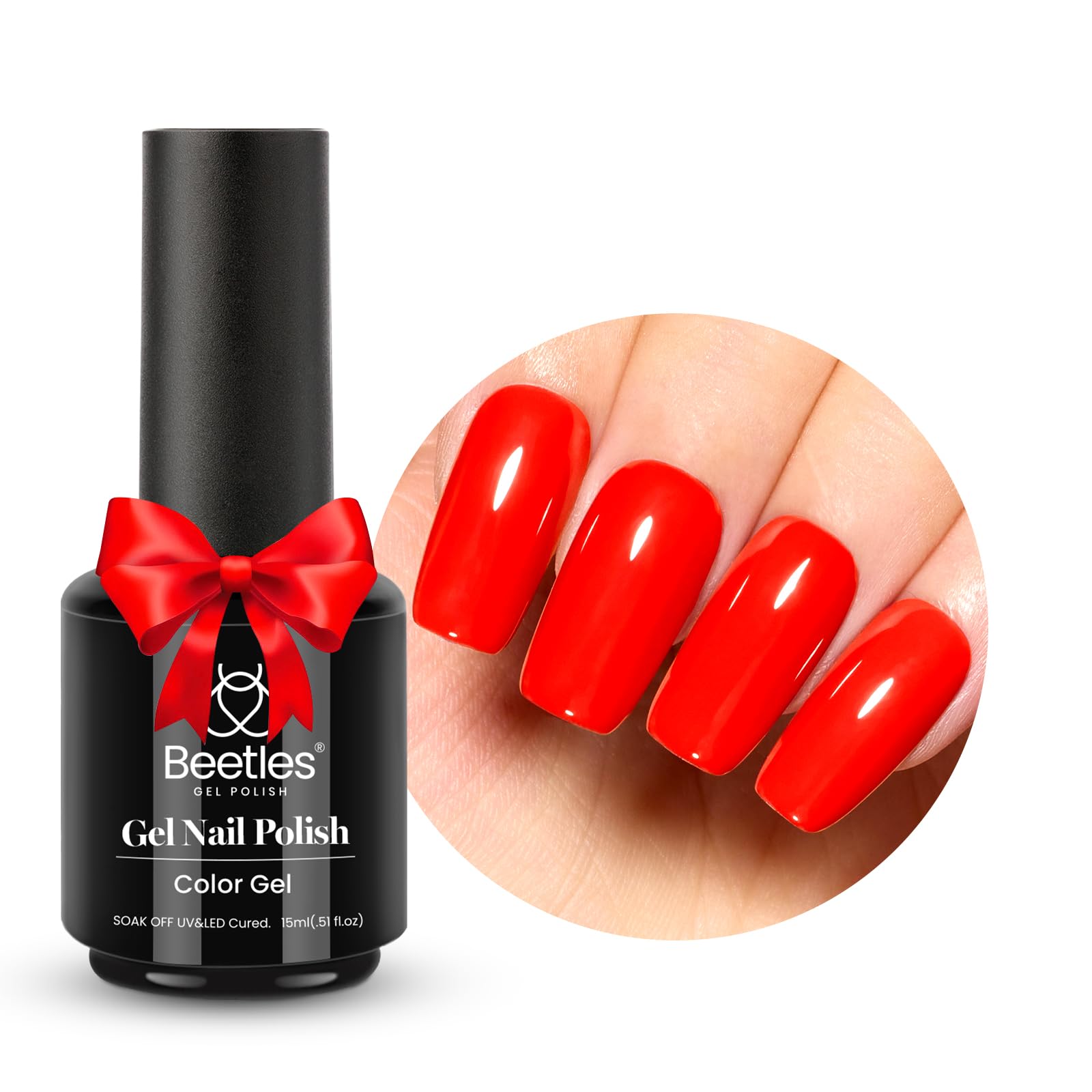 Beetles Bright Red Gel Nail Polish, 15ml Orange Red Gel Nail Polish Solid Color Spring Summer Gel Soak Off LED UV Manicure Art Design Salon at Home Candied Apple Collection DIY Gift for Women