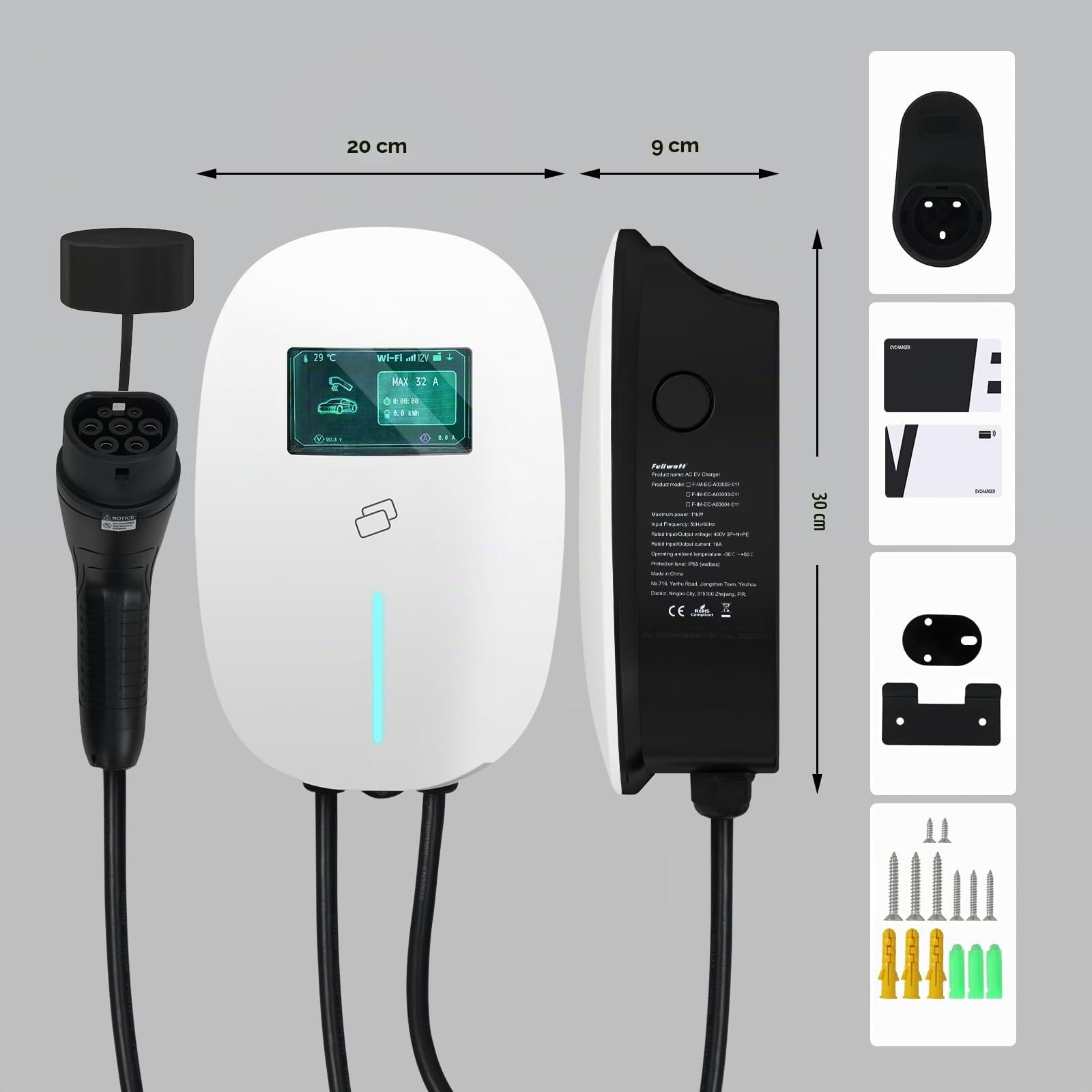 Fullwatt Wallbox 22kW mit APP und RFID, 3-Phasig für Alle EVs und PHEVs | EV Ladegerät Typ 2 7M 400V 6-16A mit LCD und Ladegerätehalter, Geplante Ladung IP54, Weiß