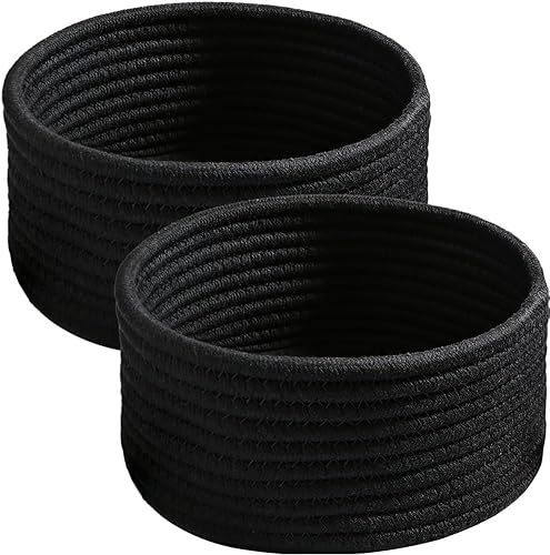 Miniatura 7 de Hispqser Paquete de 2 cestas tejidas, cuerda de algodón natural pequeña, redonda, decorativa, para juguetes, cesta decorativa para guardería, cestas