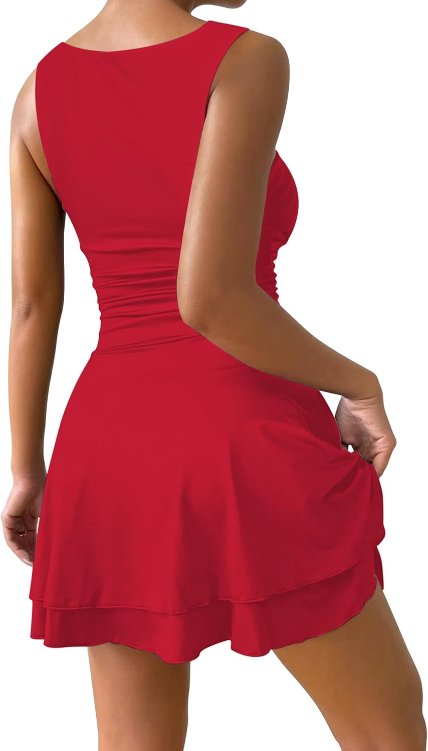 IWD Women's Square Neck Sleeveless Mini Dress Ruched Waist Tiered Ruffle Hem A Line Short Dresses - Image 4