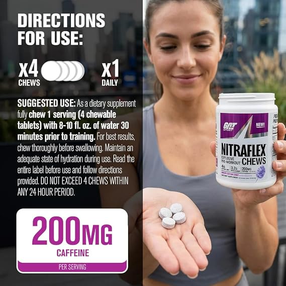 GAT SPORT NITRAFLEX PREWORKOUT Chews, Fruit Punch, 120 Tablets | Pre-Workout Energy Supplement, Supports Healthy Blood Flow, Boosts Strength & Energy, Creatine-Free