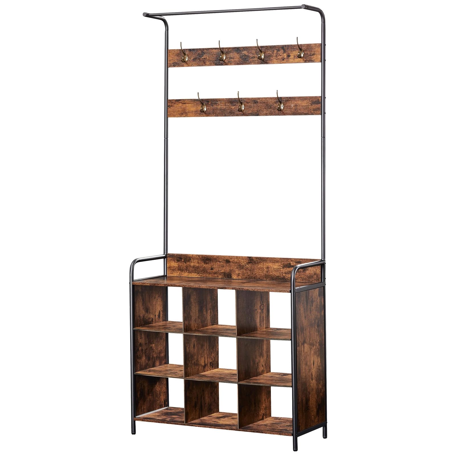 HAUSPROFI Garderobe mit Schuhablage, Kleiderstange, 7 Haken, 9 offenen Ablagen, Industriedesign, für Eingangsbereiche und Flure, Retrobraun, 78,7 x 29,2 x 180,3 cm (L x B x H)