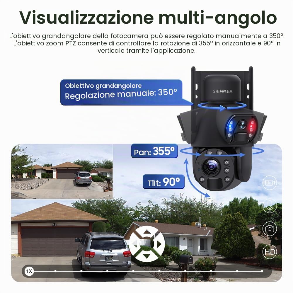SHIWOJIA Telecamera di sorveglianza WiFi esterna senza fili con 30 W pannello solare 20,000 mAh batteria 6 MP fotocamera esterna senza fili [registrazione 24/7], doppia lente doppia PIR, IP66