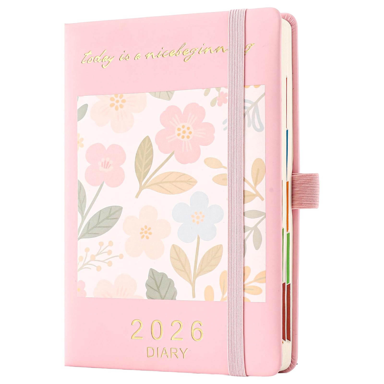 Diary 2026 Day to Page A5,Organsier Daily Planner from Jan 2026-Dec 2026,Schedule Diary Monthly View with Pen Holder,Coloured Side Tabs,Inner Packet (Pink, A5)