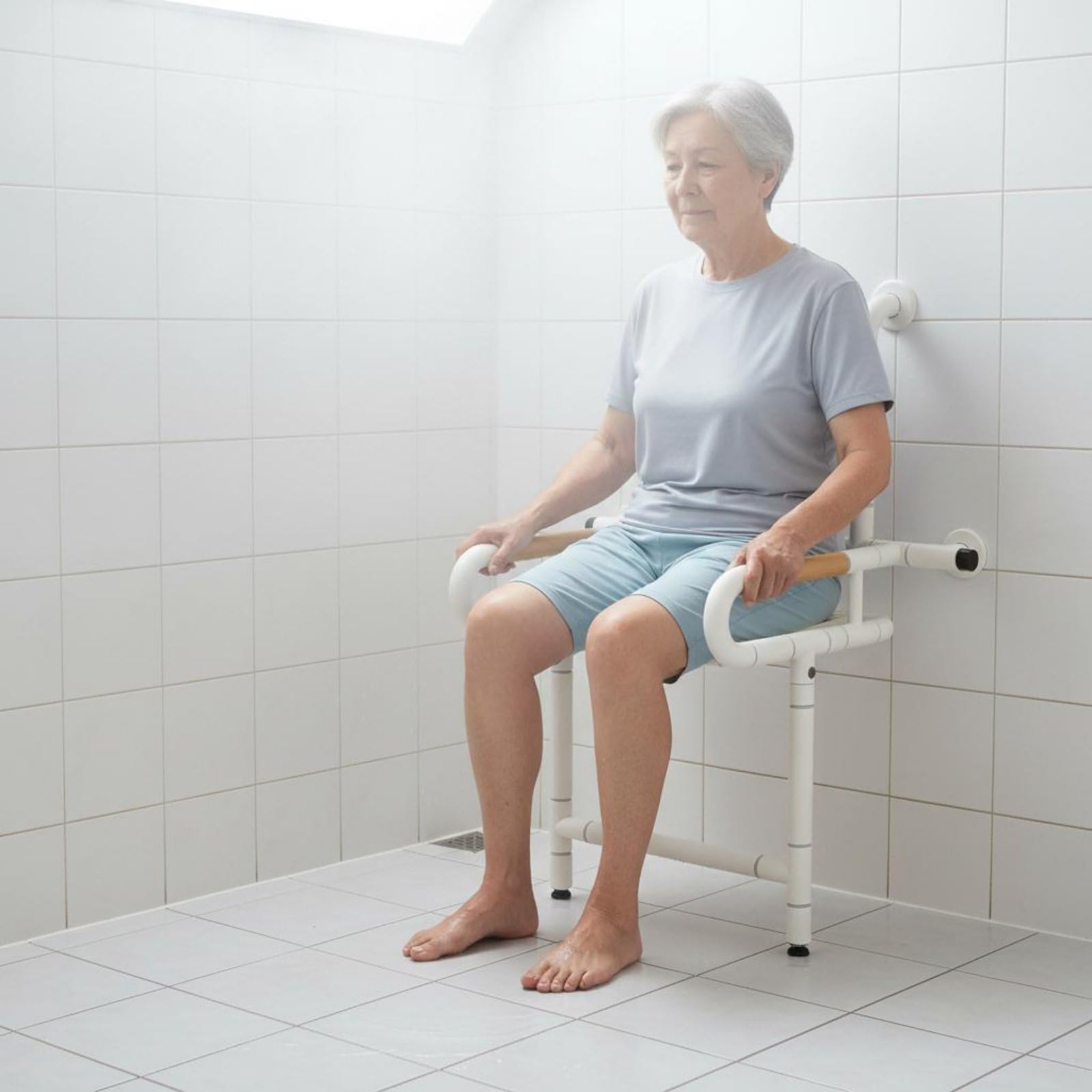 Asiento de Ducha Plegable Silla de Baño Taburete de Ducha Banco de Baño con Estructura de Pared Estable y Reposabrazos, Taburete Plegable De Pared Sin Respaldo