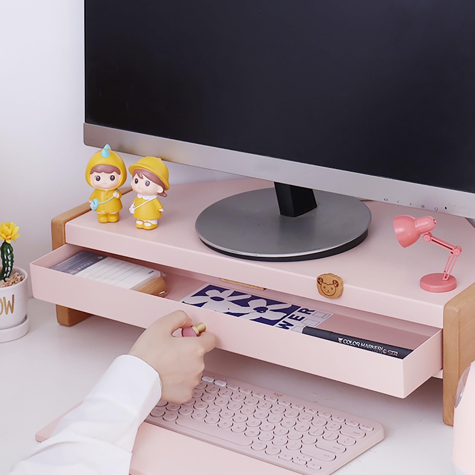 TREGOO Supporto Monitor Supporto per Schermo Angolare Rosa per Monitor in Acciaio e Legno Massello, Montante per Computer da Ufficio per Donne e Ragazze con Cassetto, Rack Organizer per Tastiere