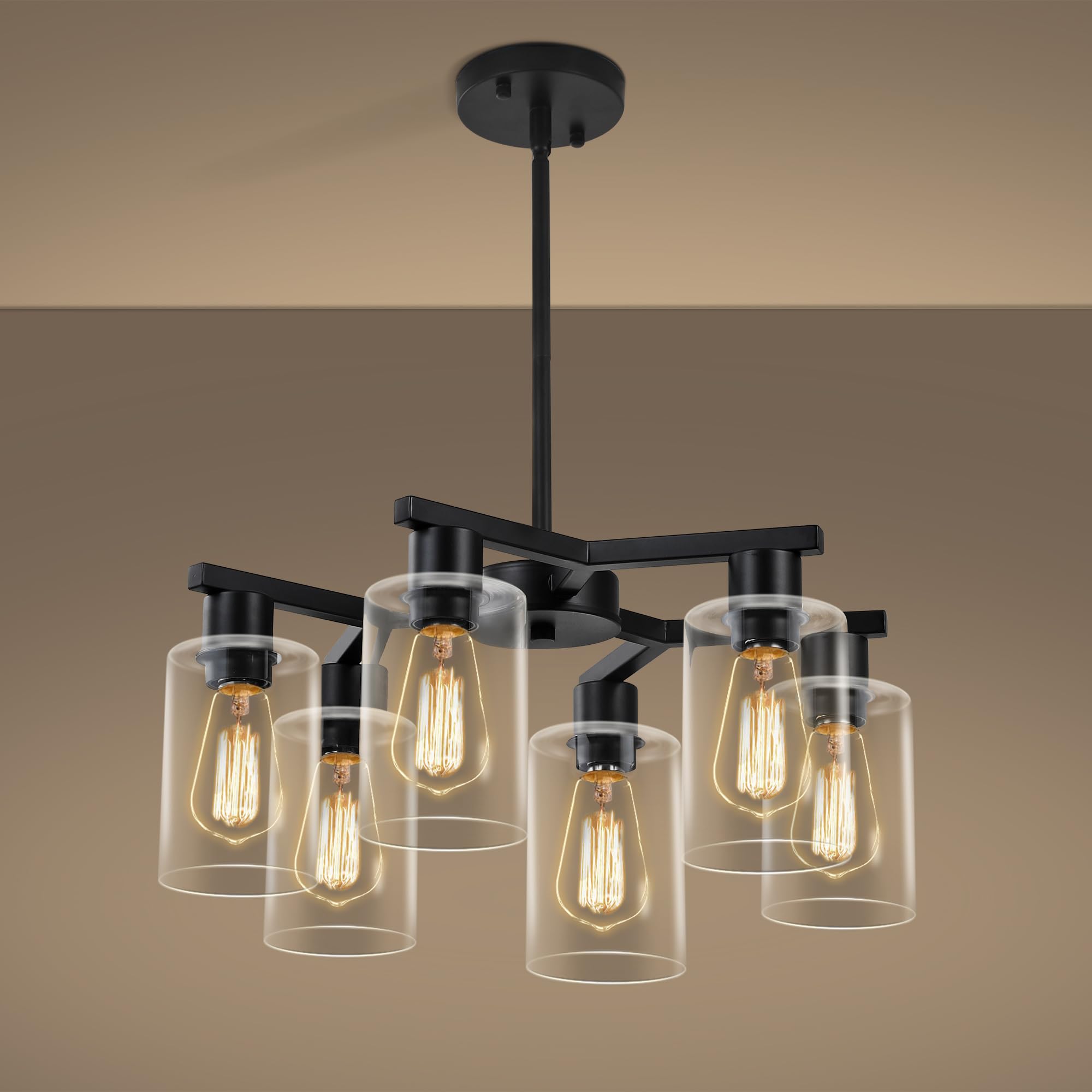Photo 1 of 6-Light Modern Farmhouse Black Chandelier, Dining Room Light Fixture Over Table Adjustable Height Hanging Industrial Pendant Lights Kitchen Island, Clear Glass Shade