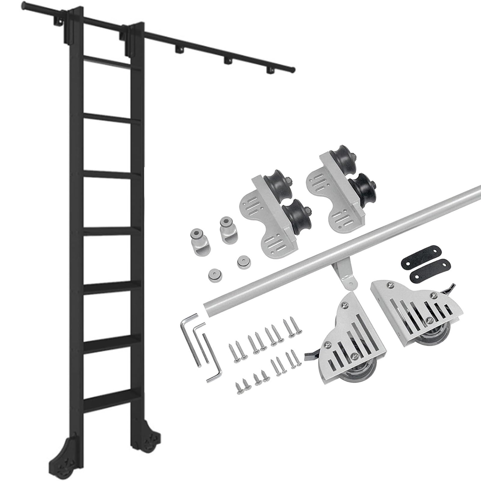 GHFXSCV Retractable Rolling Library Ladder Hardware Kit, Silver Gray Round Tube Mobile Extension Ladder Track (No Ladder), Customizable Sliding Rail (19.7ft/600cm Track kit)