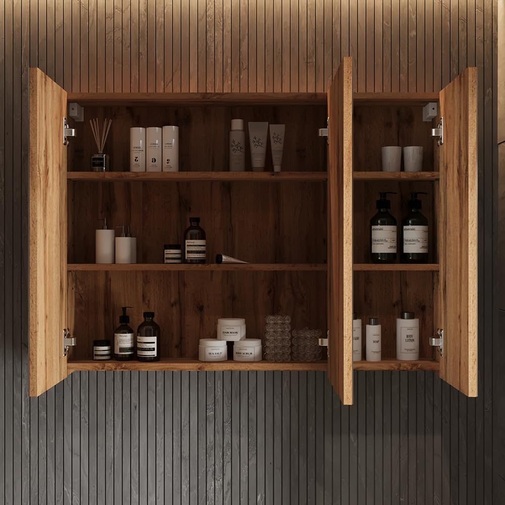 Vicco Szafka z lustrem w łazience "Lotta", Dąb, 99.7 x 73.2 cm | z 3 drzwiami, pour montage mural avec miroir intégré et espaces de rangement