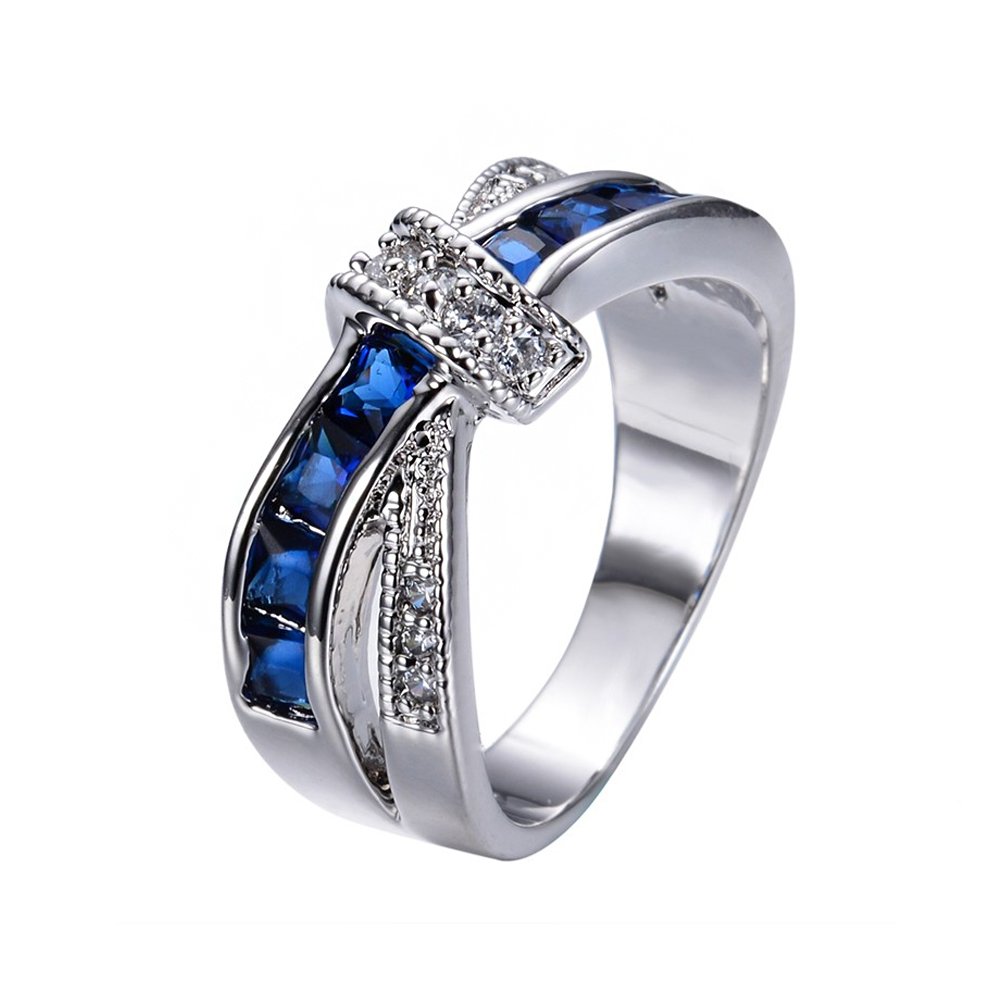 TopmakerSize6-10 Blue Sapphire WGF Knot Crossed Wedding Rings Engagement Rings