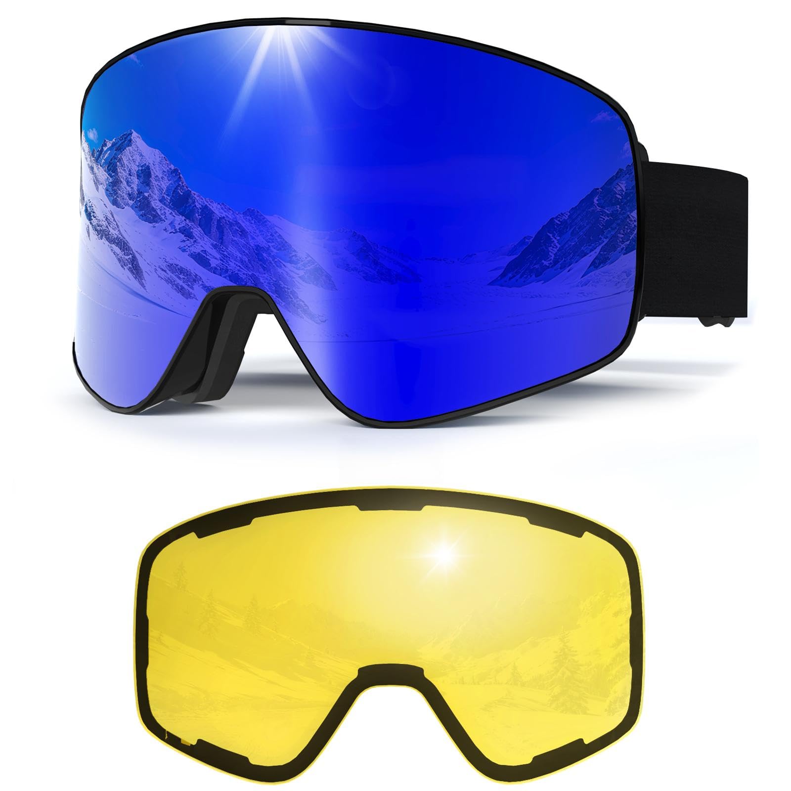 Skibrille für Herren Damen,YH212 Magnetische Snowboardbrille Anti-Beschlag OTG UV-Schutz Skibrille Schneebrille für Skifahren Wintersport