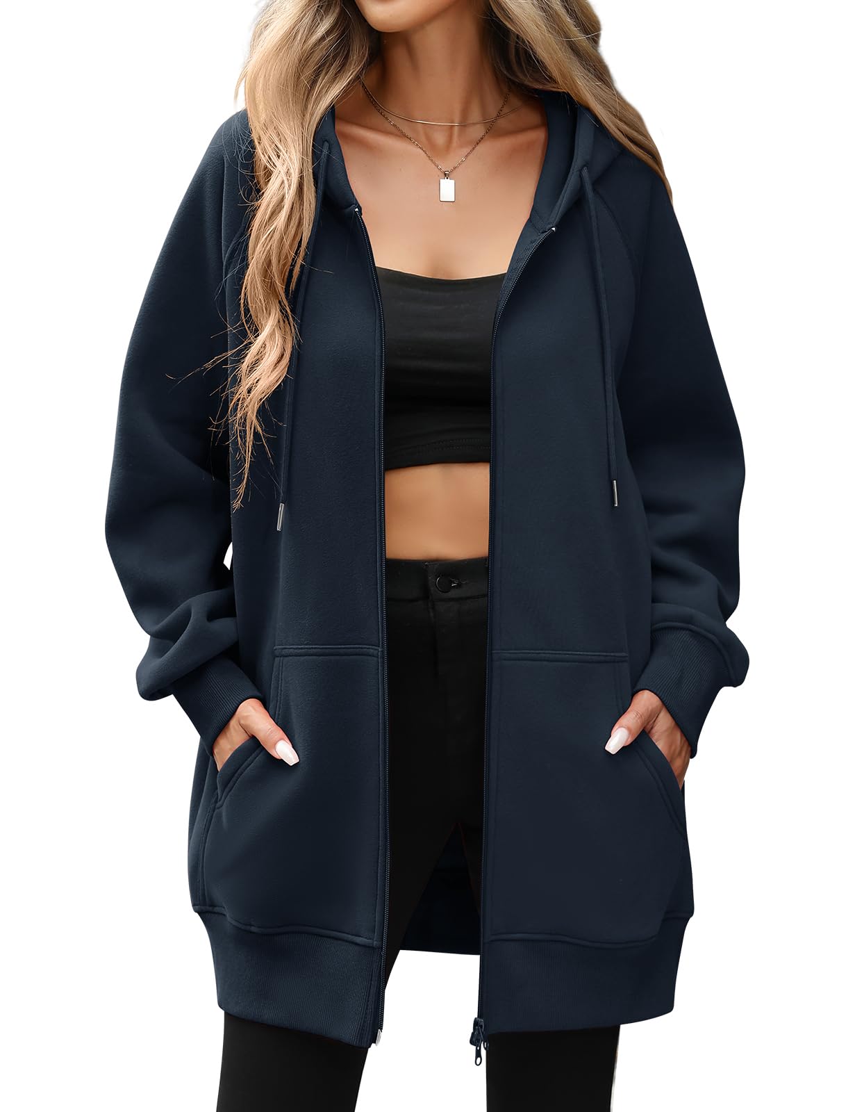 Vancavoo Sudadera Larga Mujer con Capucha y Cremallera Chaqueta Otoño | Sweatshirt Casual, Chaqueta Algodón con Felpa Ligera, Manga Raglán, Cremallera Doble y Bolsillos Laterales