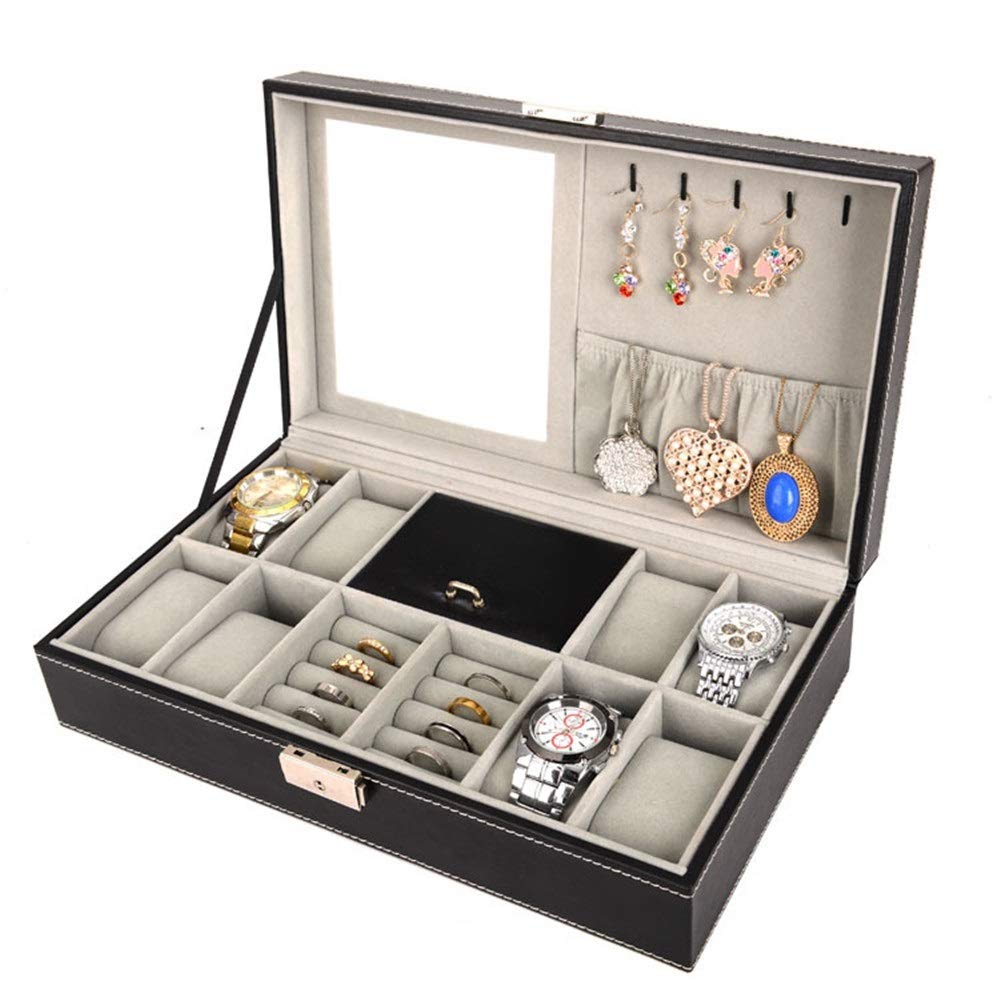 Caja de Reloj con Tapa de Cristal y Almohada de Almacenamiento móvil Caja de Reloj de Cuero Almacenamiento de exhibición de joyería para Hombres y Mujeres