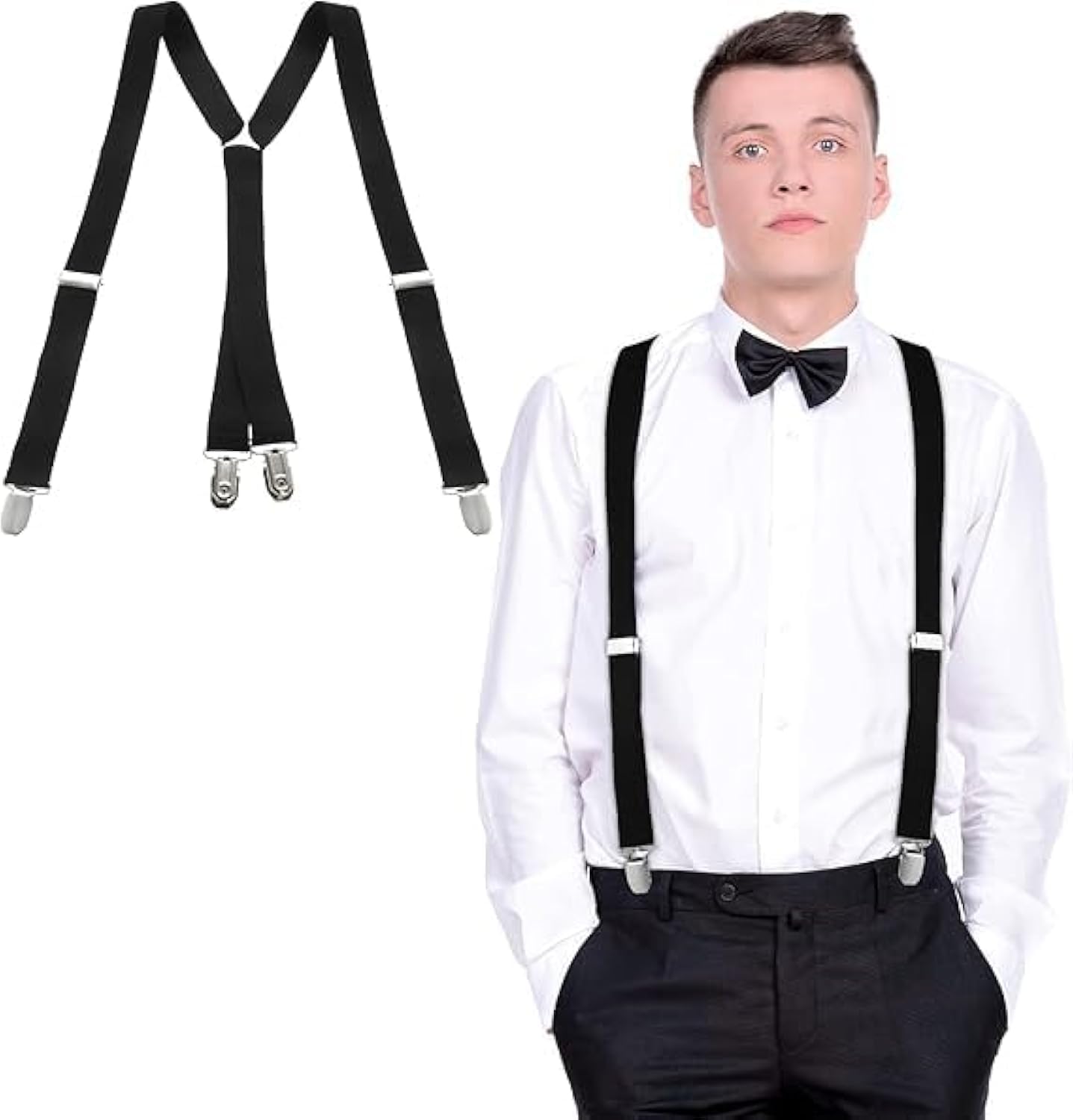 KoliynX Shape Trousers Braces for Men Heavy Duty Suspenders with Metal Clips Elastic Adjustable Mens Braces for Father's Day, Halloween Suspender and Bow Tie Set 80s Clip on Suspenders for Men Women