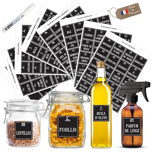 Étiquettes Garde-Manger Noires – 160 Étiquettes Carrées Autocollantes pour Bocaux & Pots Cuisine – Organisation Cuisine & Produits d’Entretien –...