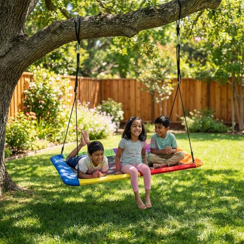 Image of Shopster Giant Platform Swing for Kids & Adults, Large 150 cm x 79 cm Weight Capacity, Children Rope Tree Colorful Rectangular Swing Durable Steel Frame for Hanging Outdoor, Resistant Waterproof