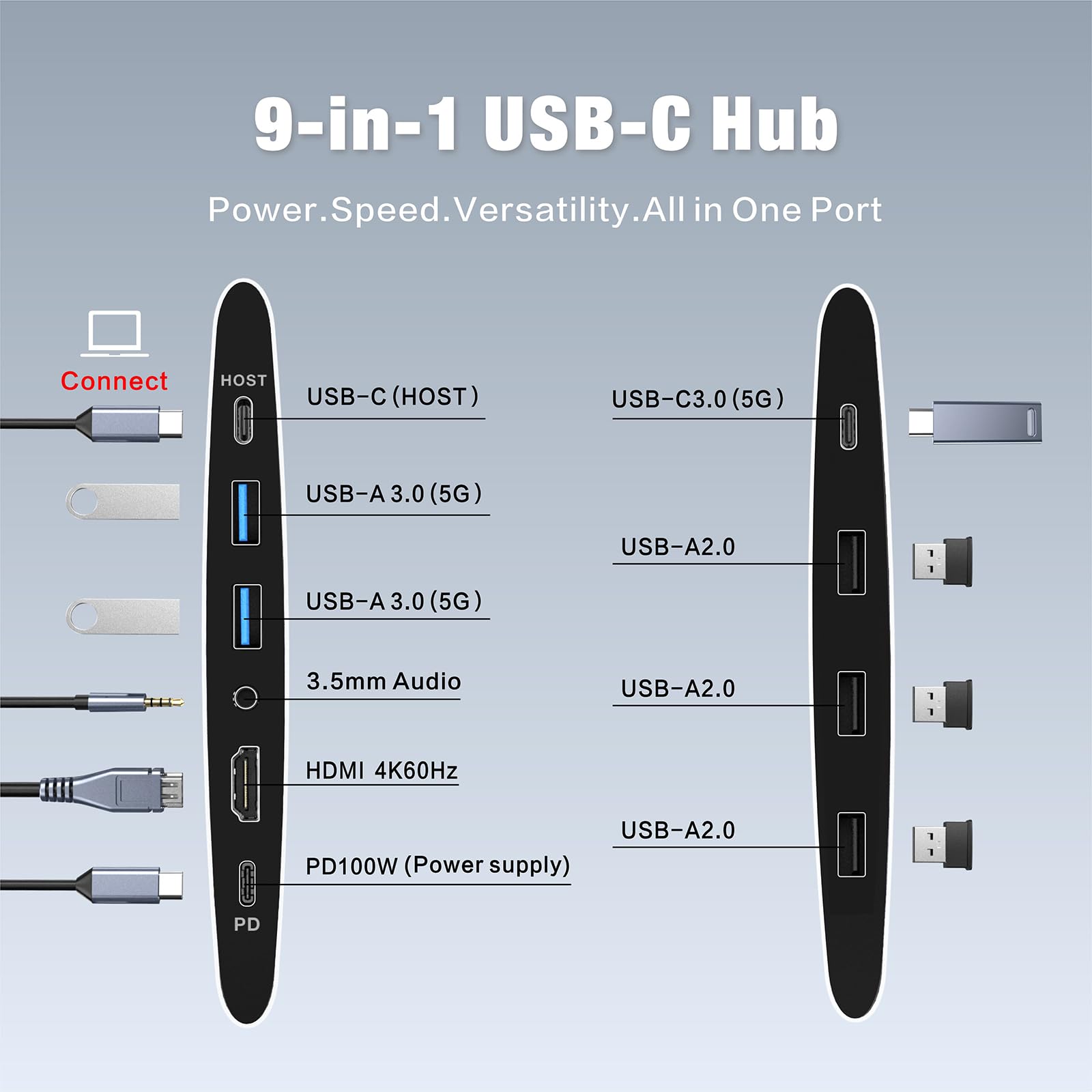Soporte ajustable para computadora portátil con estación de acoplamiento 9 en 1, elevador de aluminio para portátil con hub USB, giro de 360°, pantalla dual HDMI 4K60Hz, 3 USB 3.0, carga PD de 100 W