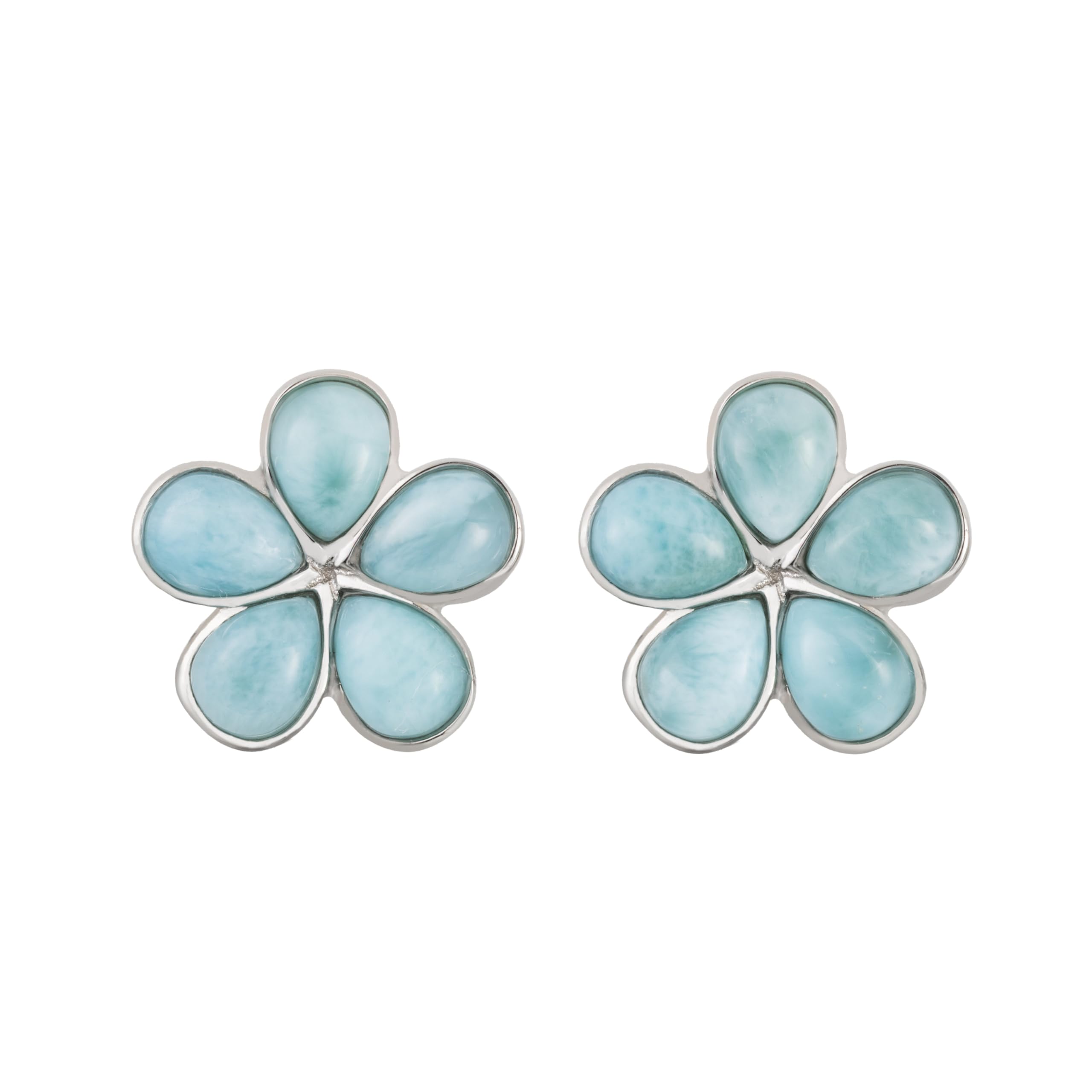 925 Sterling Silver Natural Larimar Gemstone Plumeria Flower Dangle Hook Earrings, Nickle Free Hypoallergenic for Sensitive Skin, Gift Box Included (Small, Larimar Rounded Petals - Stud)
