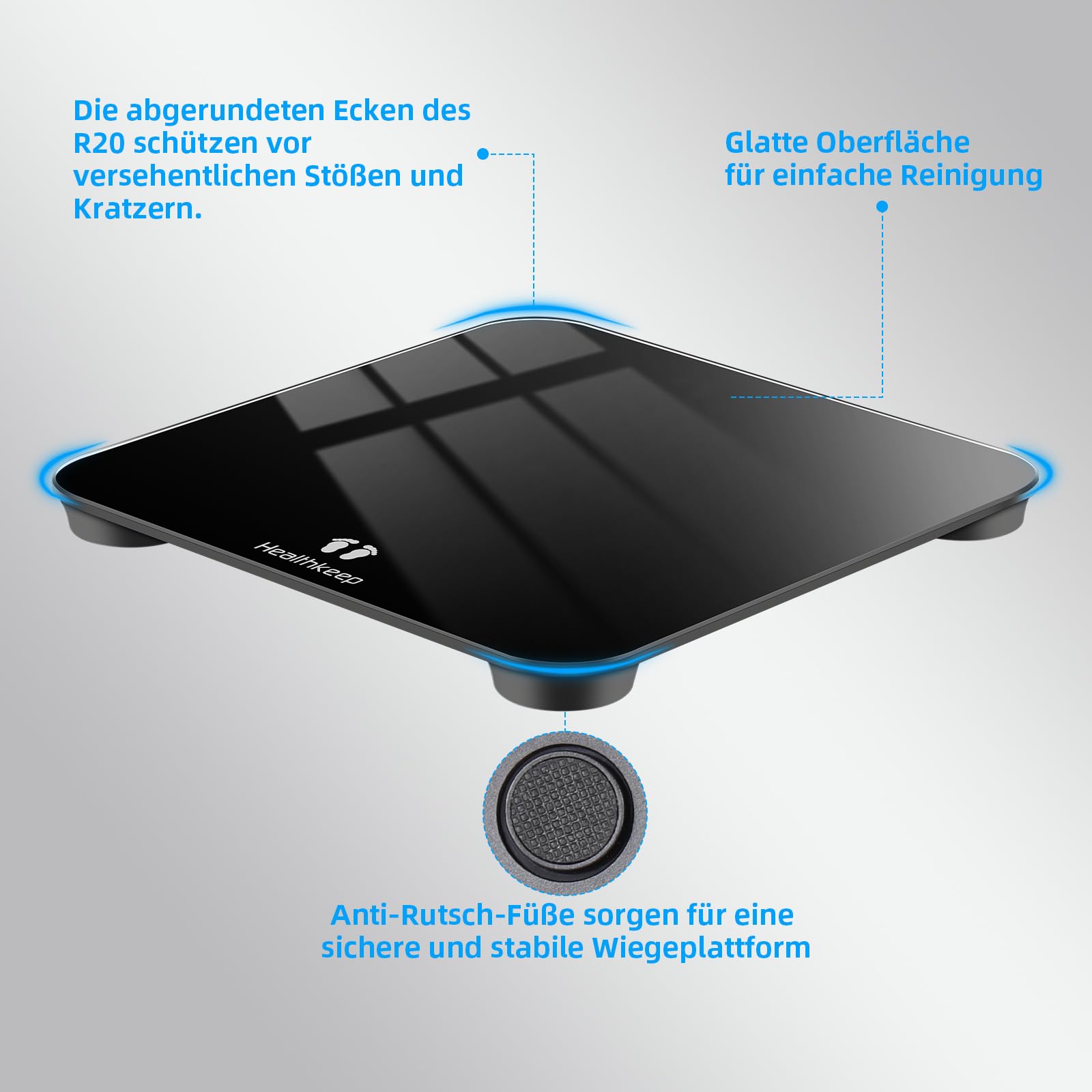 Healthkeep Personenwaage, Körperwaage mit Hochpräzisions-Sensoren, Personen Digitalwaage mit Step-On-Technik, Gewichtswaage aus Sicherheitsglas, Schwarz (260 schwarz 202403)