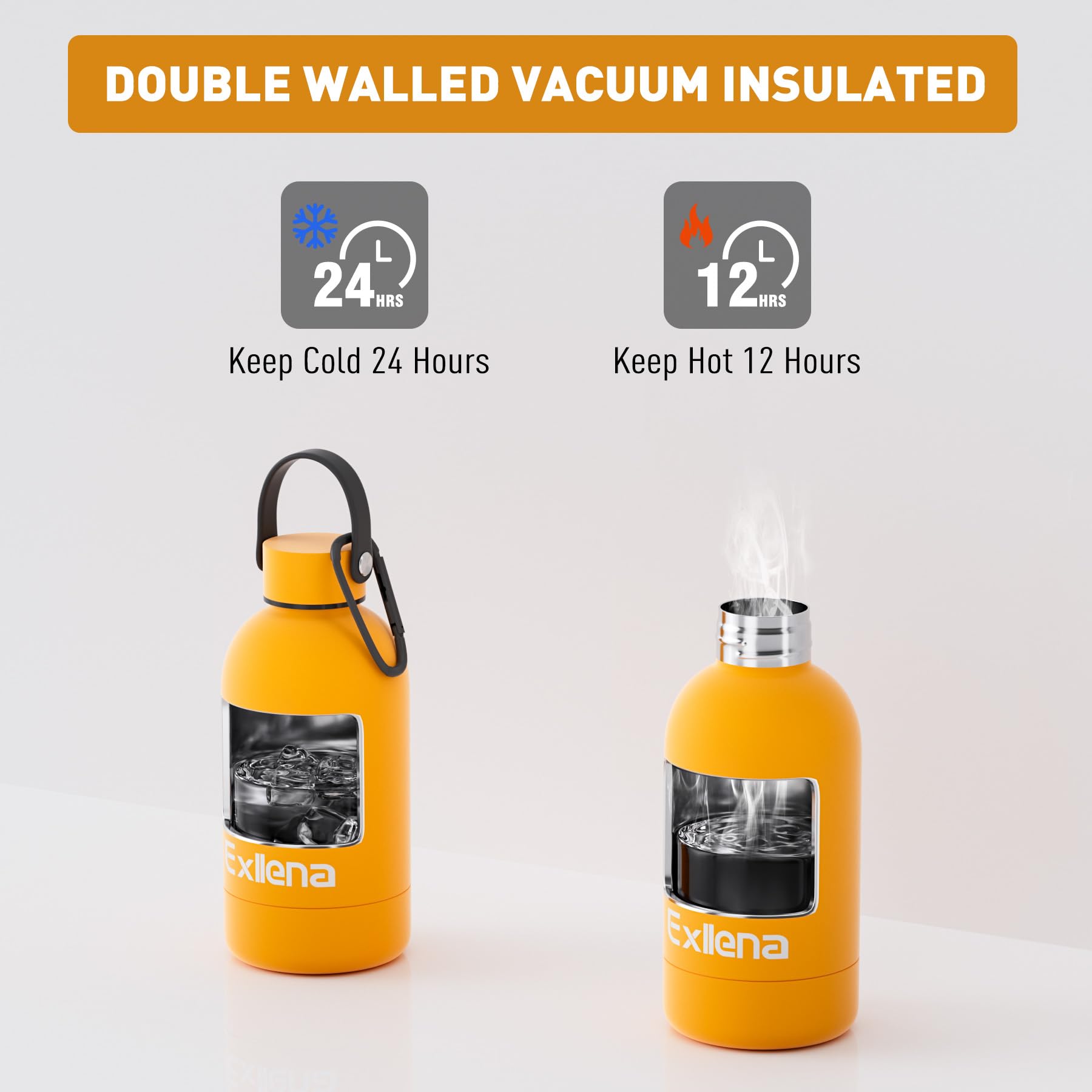 Exllena Borraccia Termica Piccola 350ml con Maniglia e Moschettone - Mini Borraccia Mantenere Calore/Freddo - Senza BPA - 100% A Tenuta Stagna per Escursioni, Campeggio, Viaggi...(Mango)
