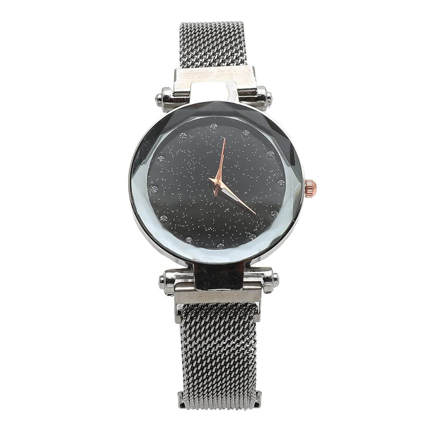 Haute Sauce Black Embellished Round Analog Dial Watch with Black Steel Mesh Strap for Women and Girls Crystal Hour Marker Quartz Stylish Wrist Watch for Woman Trendy Fashion Watch for Female (B0B7XD65QR) Amazon Price History, Amazon Price Tracker