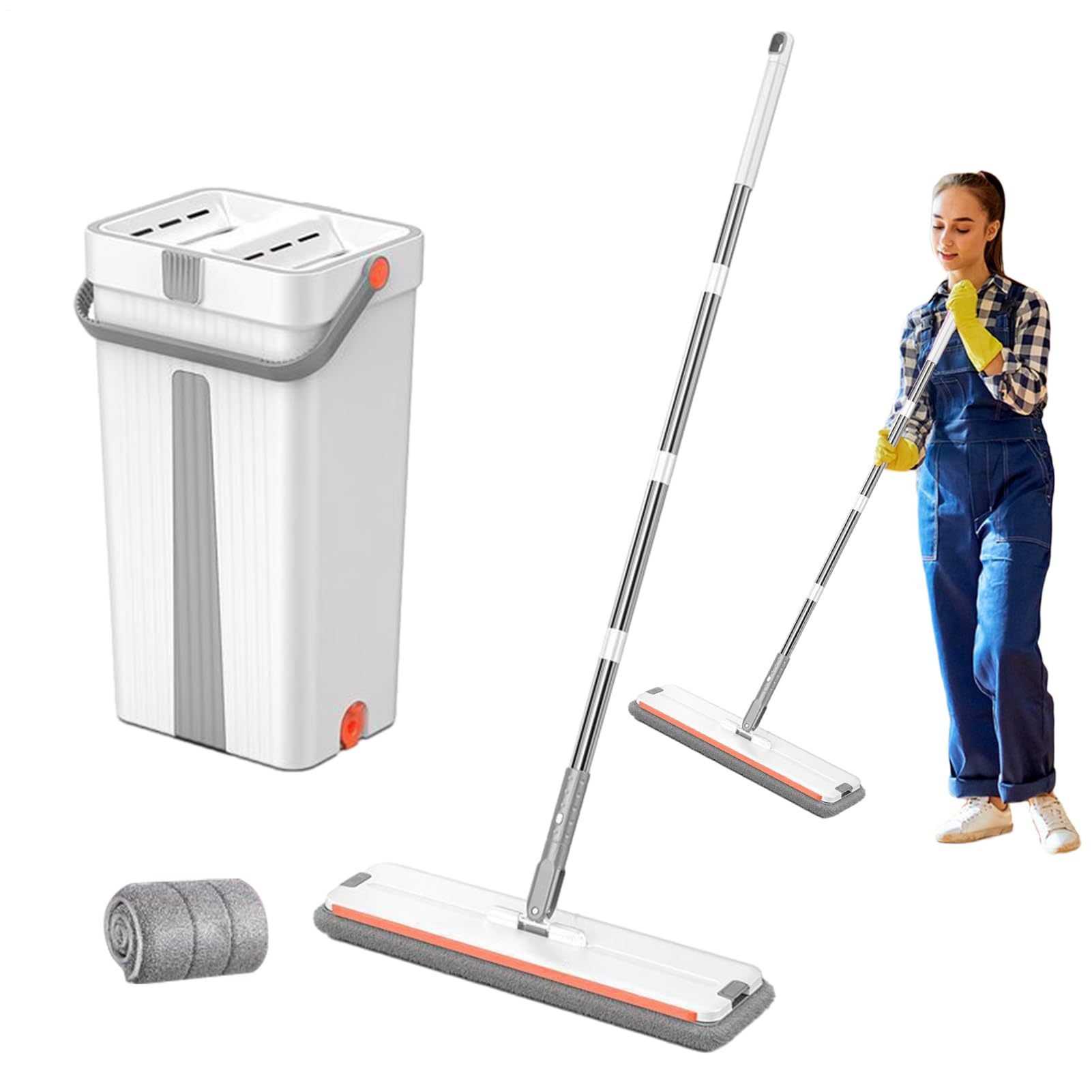 Flacher Wischmopp und Eimer – Pflegewerkzeuge für Zuhause, flacher Mop mit Eimer – für die Reinigung von Badezimmer, Fliesen, Wand, , Küche und Parkett