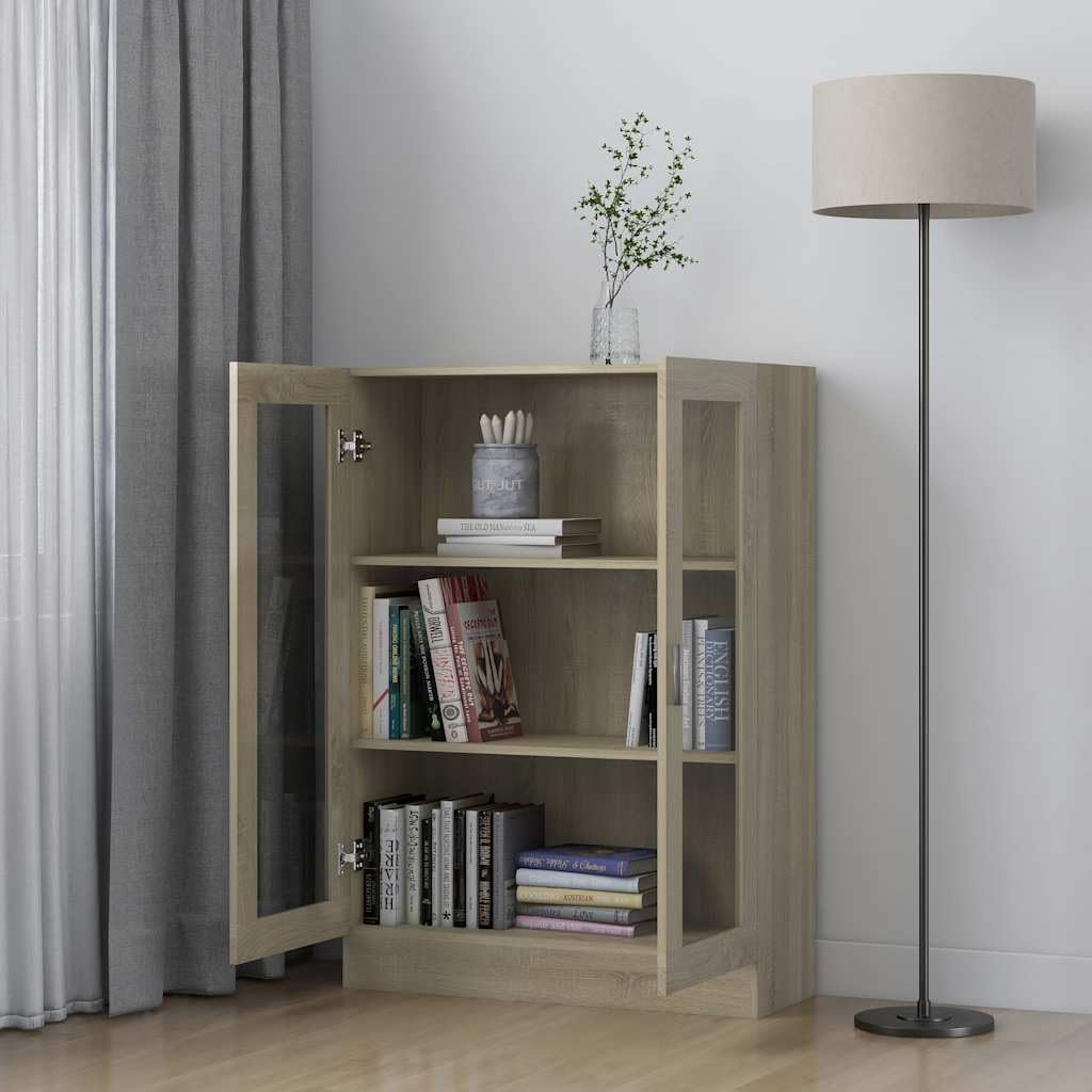 Szafka z witryną dąb Sonoma 82,5 x 30,5 x 115 cm, materiał drewnopochodny z 3 półkami i 2 drzwiami, idealna do salonu, biura, pokoju dziecięcego, korytarza, z uchwytem ściennym do