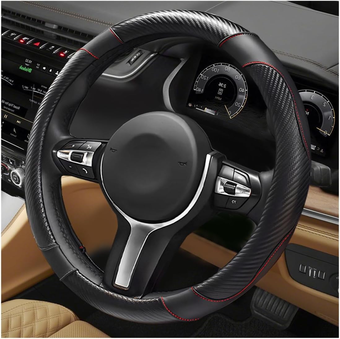 Car Steering Wheel Cover, 15 Inch Anti-Slip Stretch Leather Steering Wheel Protector, Comfortable Breathable Sporty Steering Wheel Cover for Women Men, Car Accessories (Black)