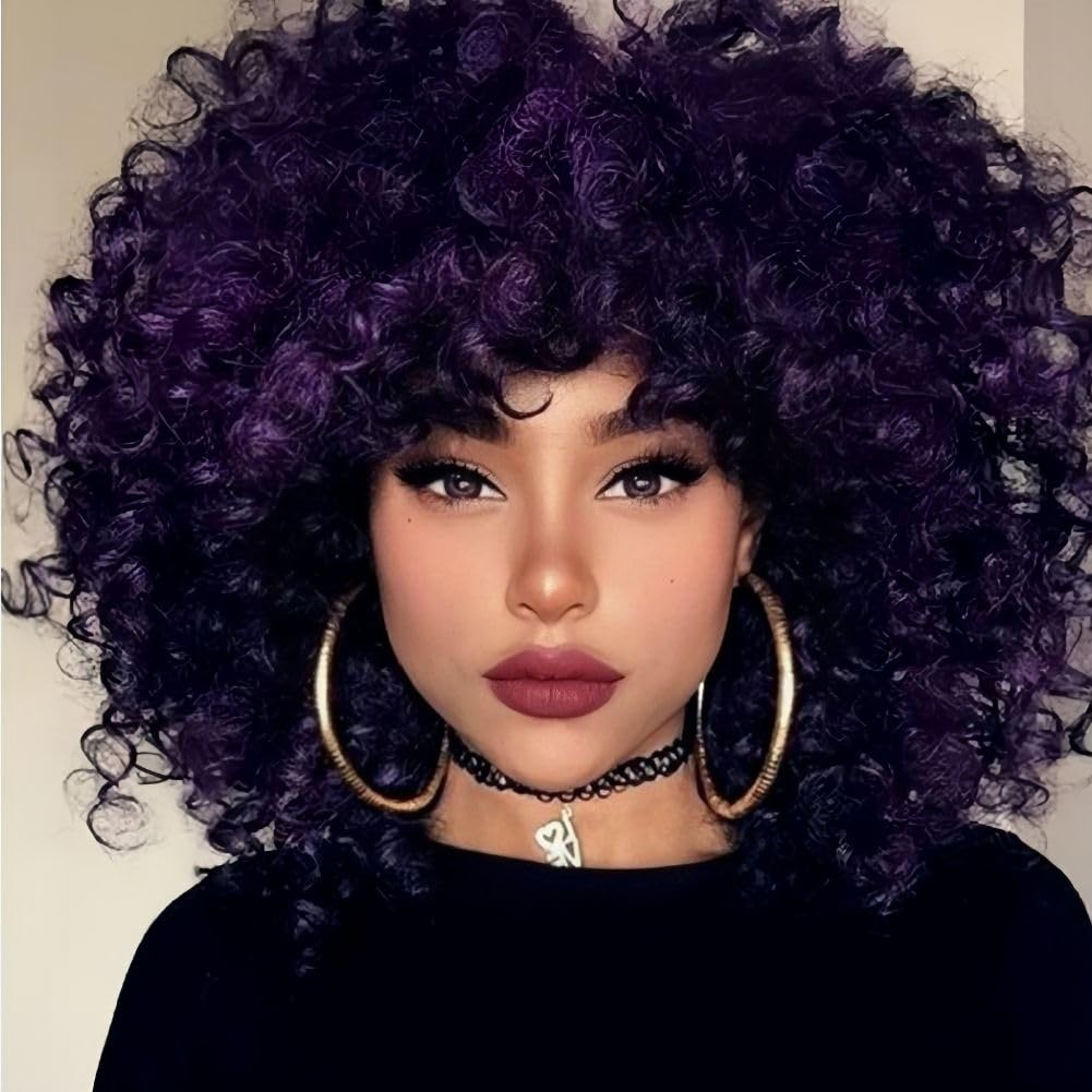 Salaibs Afro Purple Curly Wig for Black Women Short Kinky Mixed Black Fluffy Wig Synthetic Heat Resistant Hair for Halloween Daily Use