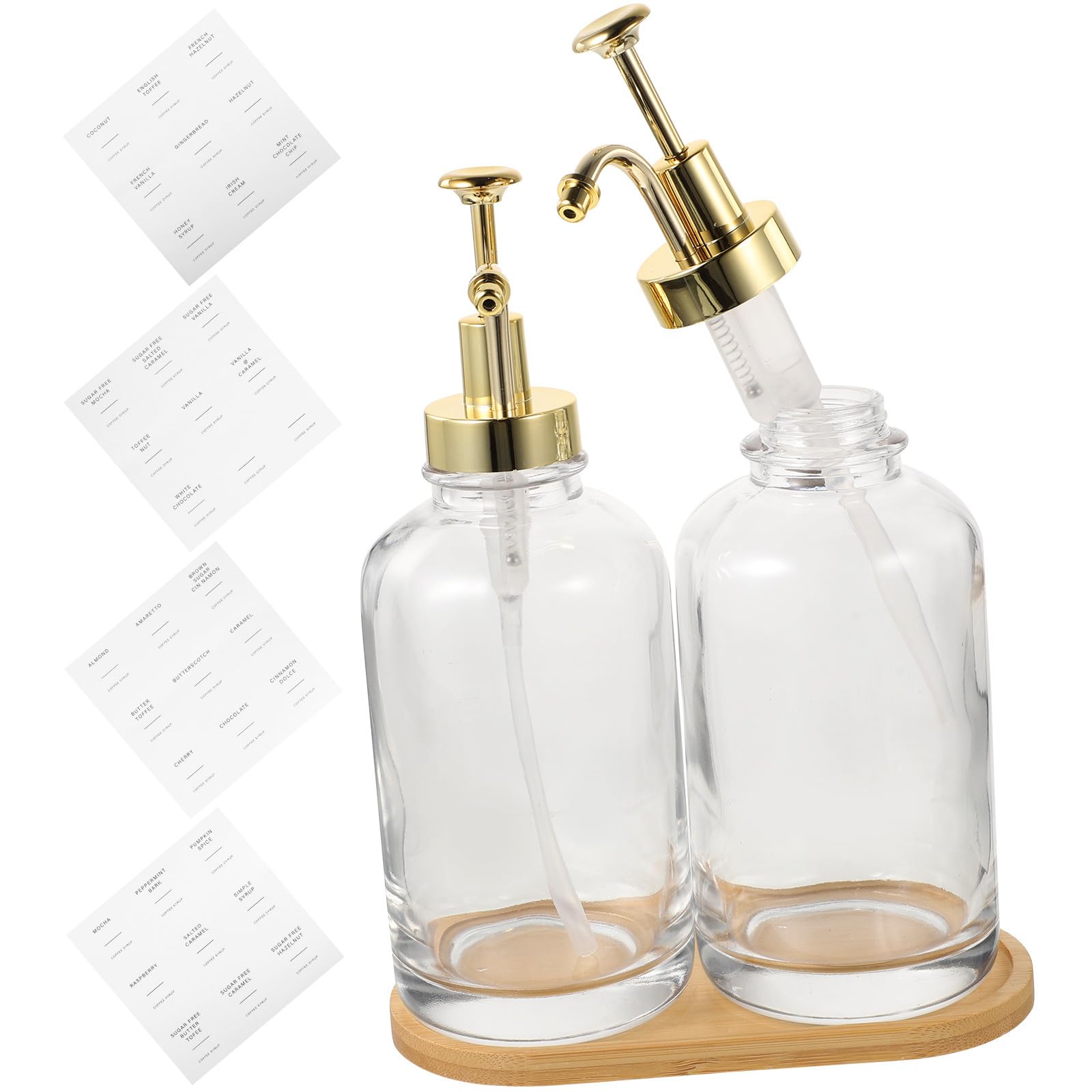 Dispensador de Jarabe de Vidrio Botella de Jarabe Simple Diseño Transparente y Bomba Tapa de Madera Dorada para Cocina y Café Artesanal