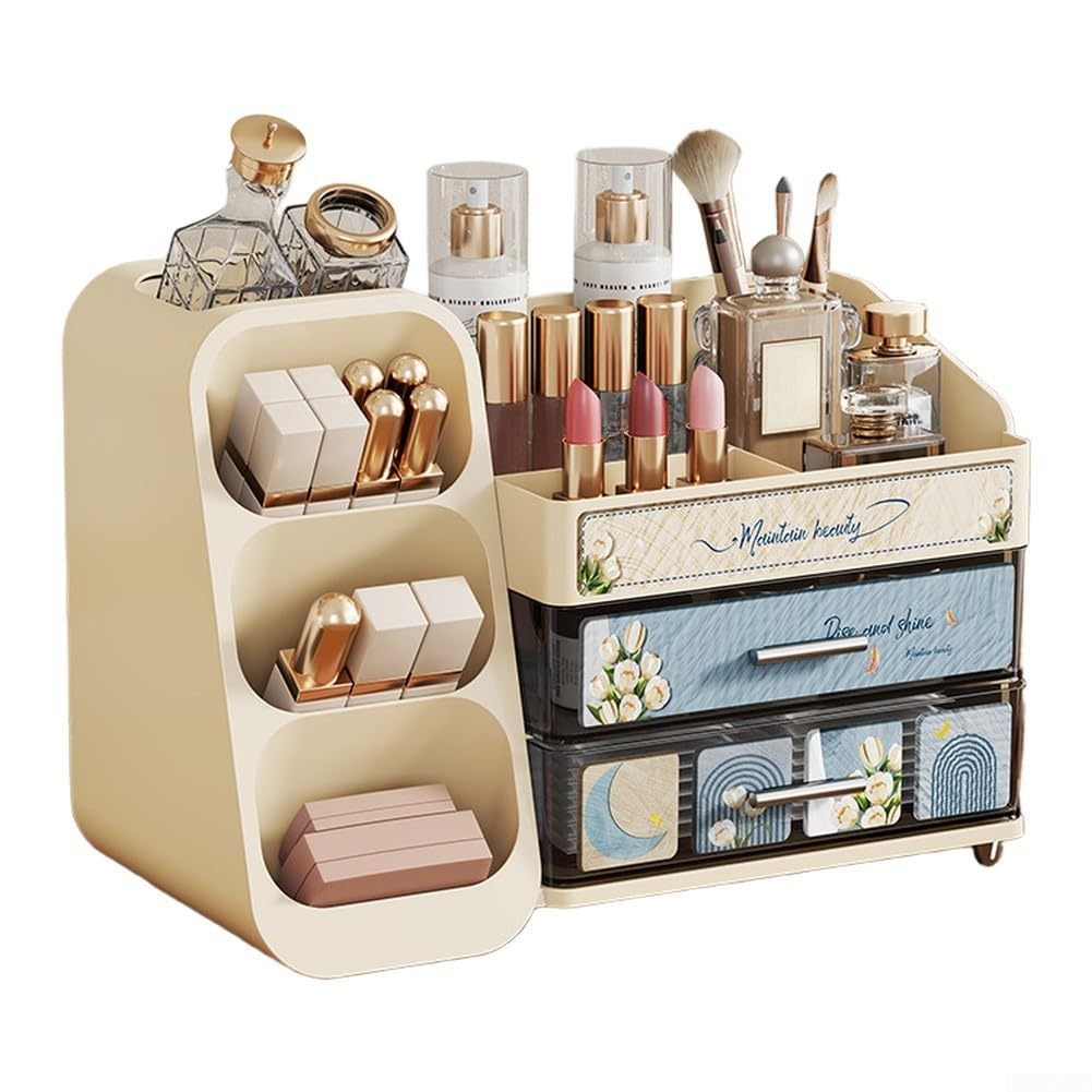 Elegante caja de almacenamiento de cosméticos de escritorio con cajones en capas para perfume y maquillaje, acabado blanco, decoración del hogar (D)