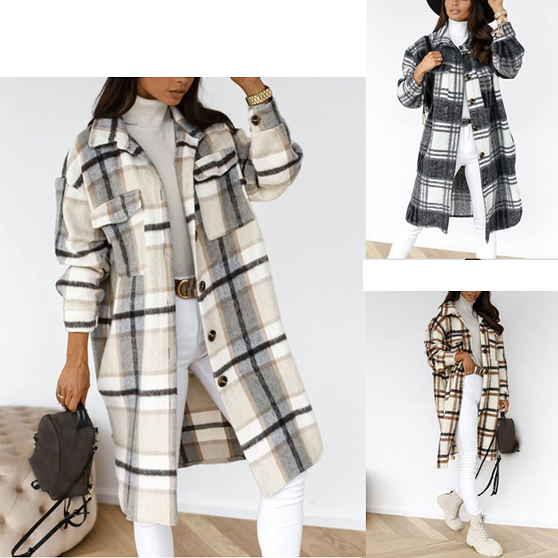 SeekMe Women's Long Plaid Shirt Jacket Shacket Lapel Button Down Woolen Blend Casual Tartan Over Shirt Trench Coat