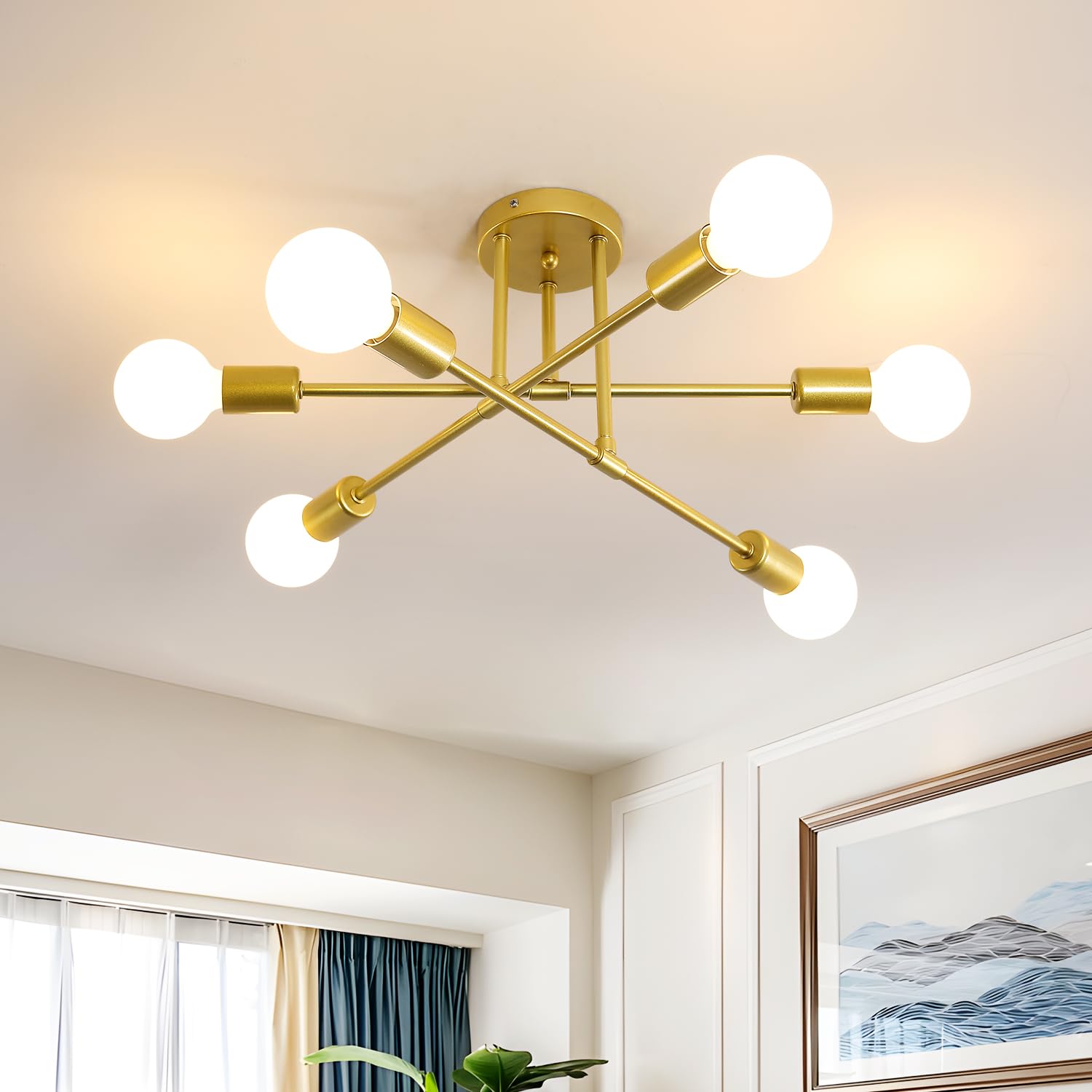 Sputnik Ceiling Light, 6-Light Gold Adjustable Modern Ceiling Lamp, E27 Mid Century Metal Lights Fittings Ceilings for Living Room, Dining Room, Kitchen, Bedroom