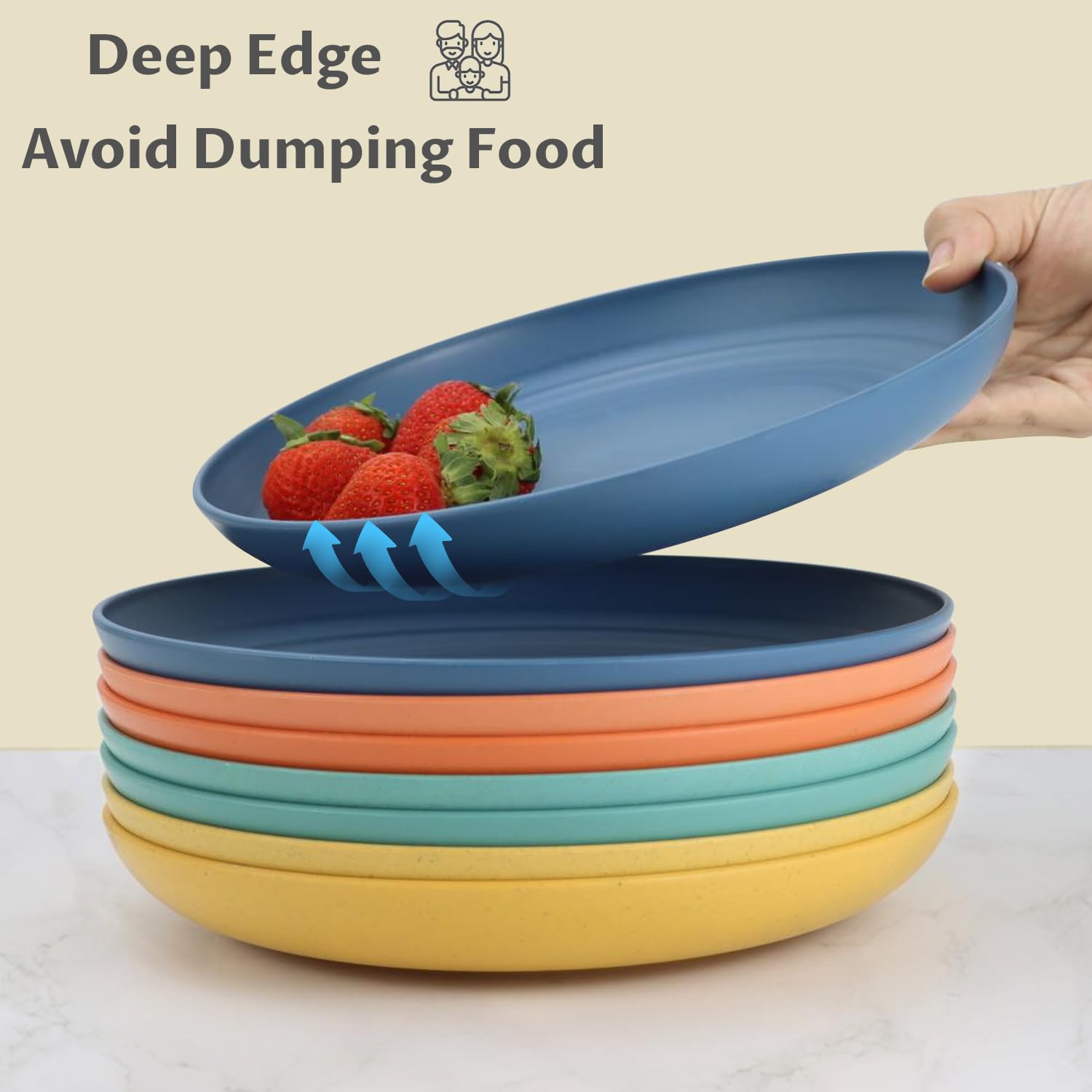 Wrova Lot de grandes assiettes en plastique incassables de 20 à 27,9 cm, passent au lave-vaisselle et au micro-ondes, grandes assiettes profondes pour la cuisine, colorées