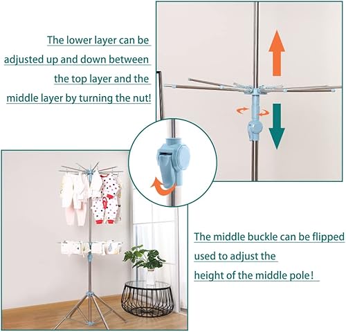 Miniatura 8 de Hershii Estante de secado de ropa plegable de 3 niveles para interiores y exteriores, soporte plegable para colgar ropa, ahorro de espacio con