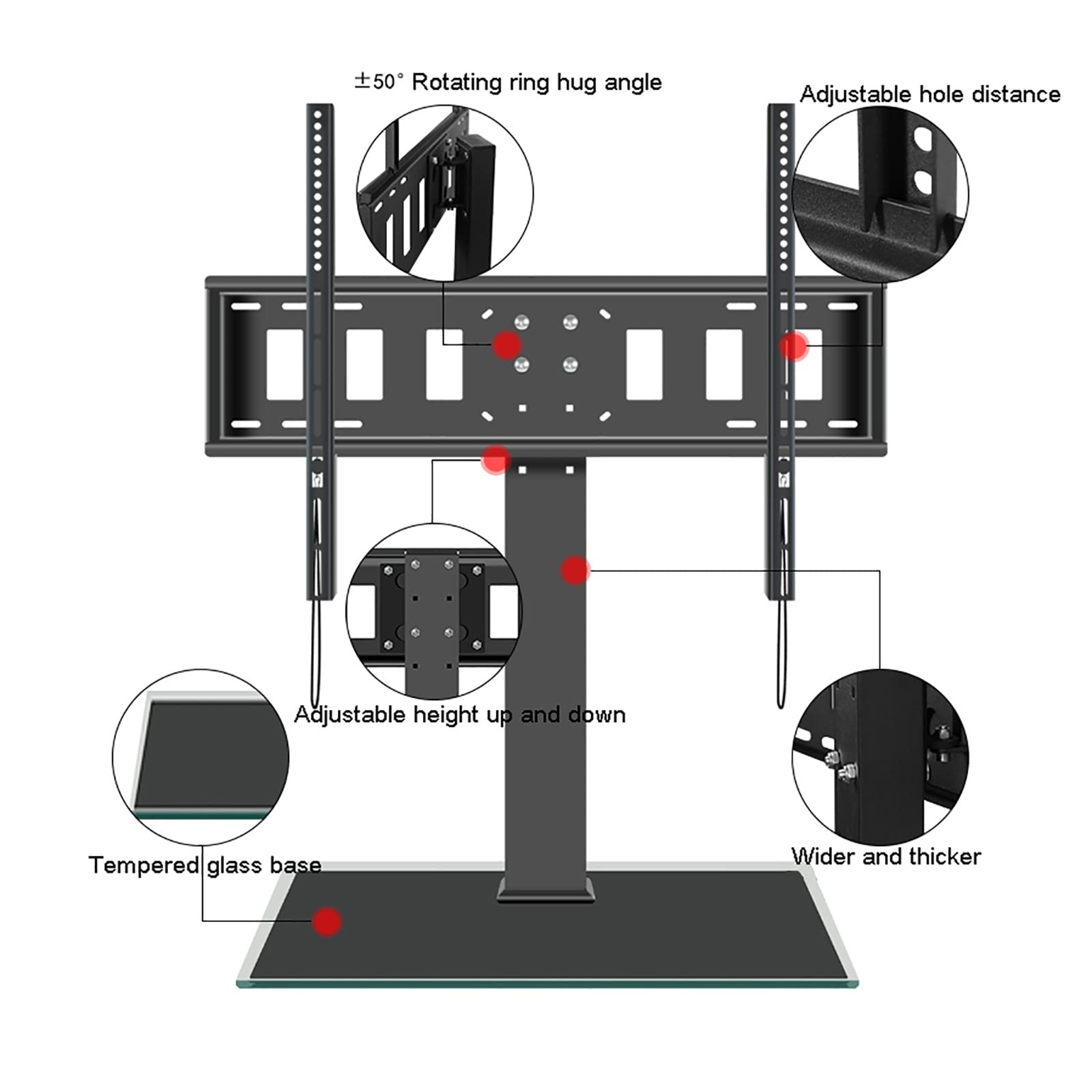 Supporto per TV, base da tavolo con capacità di rotazione di 50°, design versatile per montaggio a parete, compatibile con TV da 50 a 80 pollici