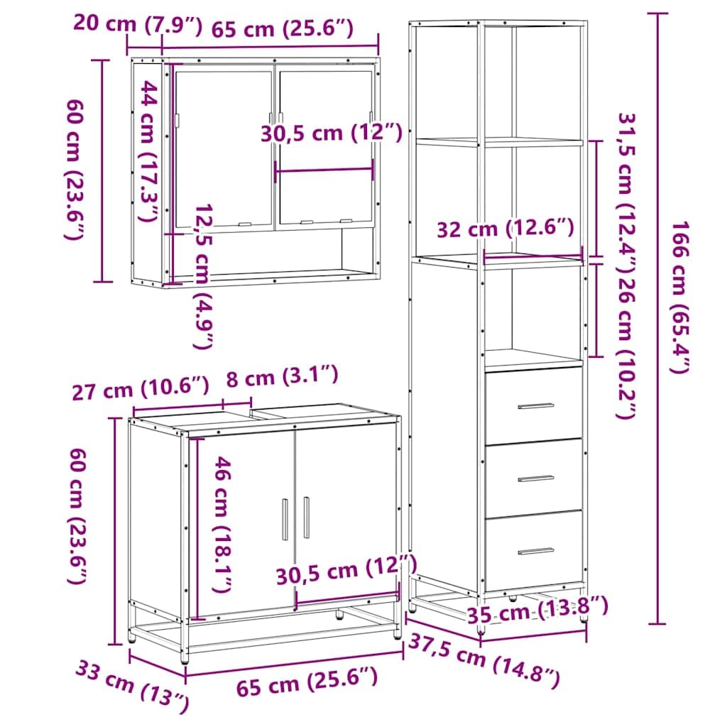 3-częściowy zestaw mebli łazienkowych z drewna dębowego wędzonego z szafką pod umywalkę, szafka z lustrem, wysoka szafka, oszczędność miejsca do przechowywania, komoda łazienkowa, montaż
