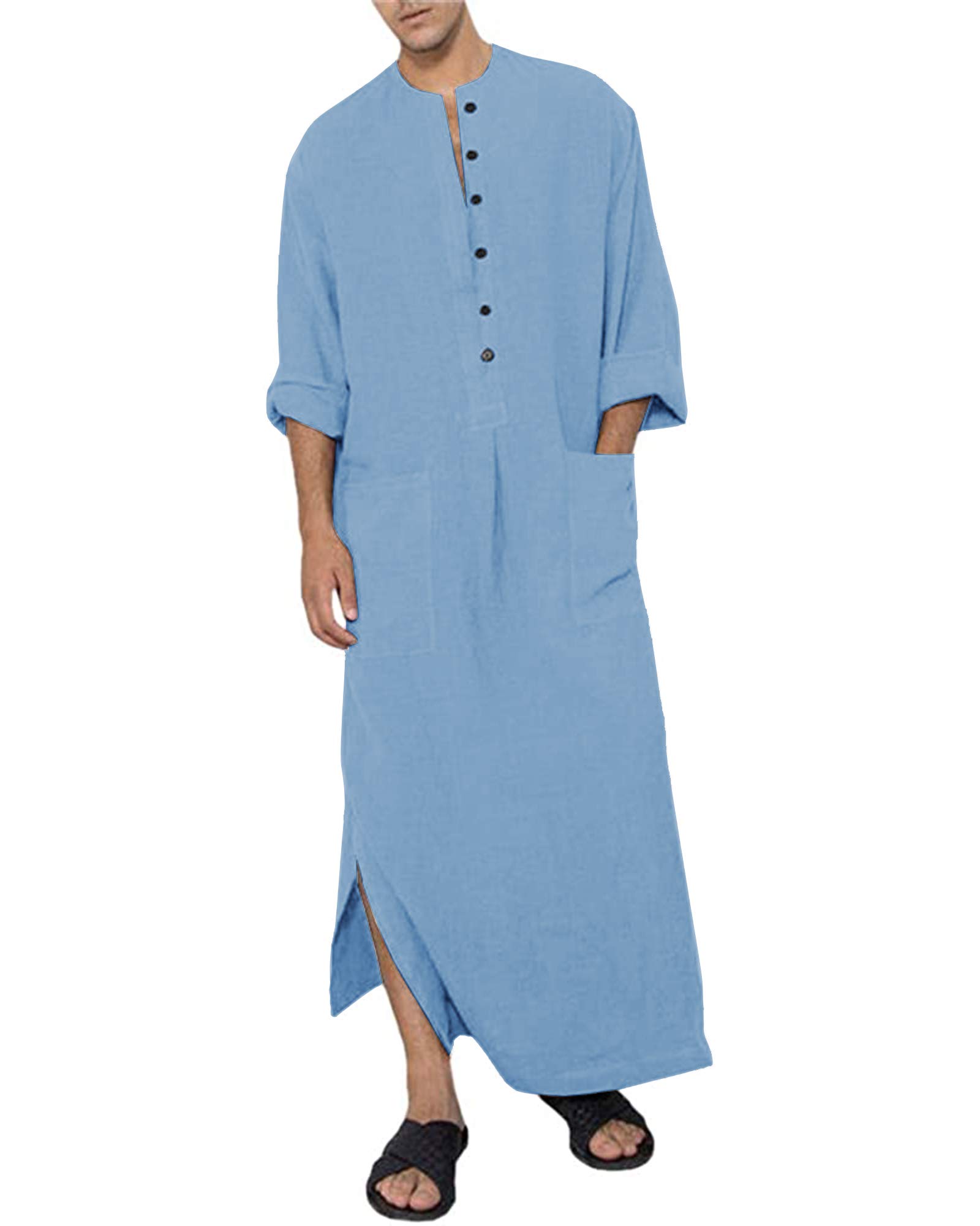 Jacansi Men's Button up Cotton Robe Long Sleeve Kaftan Thobe Long Gown Casual Shirt for Beach